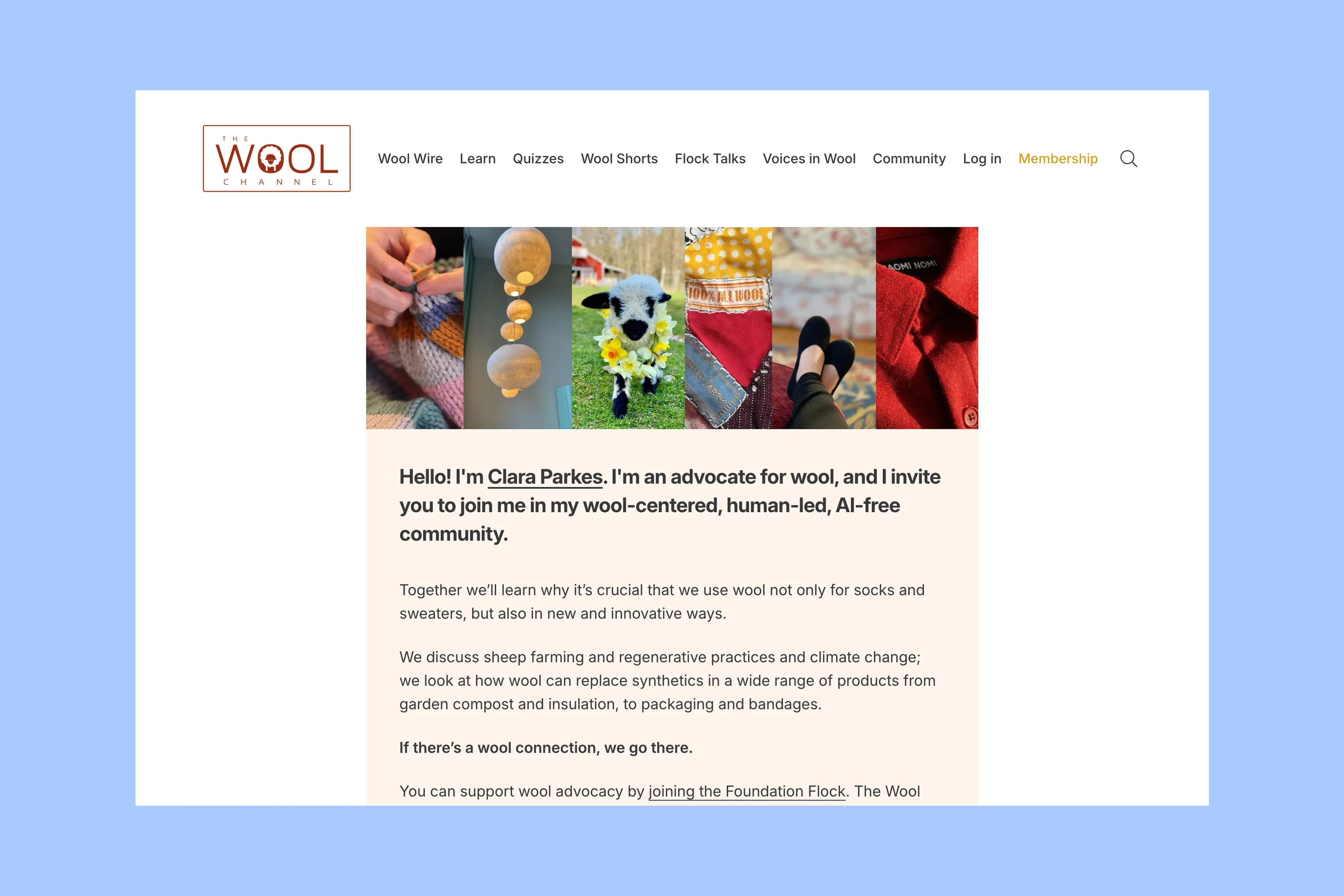 The Wool Channel homepage with Clara Parkes introduction and wool publication navigation