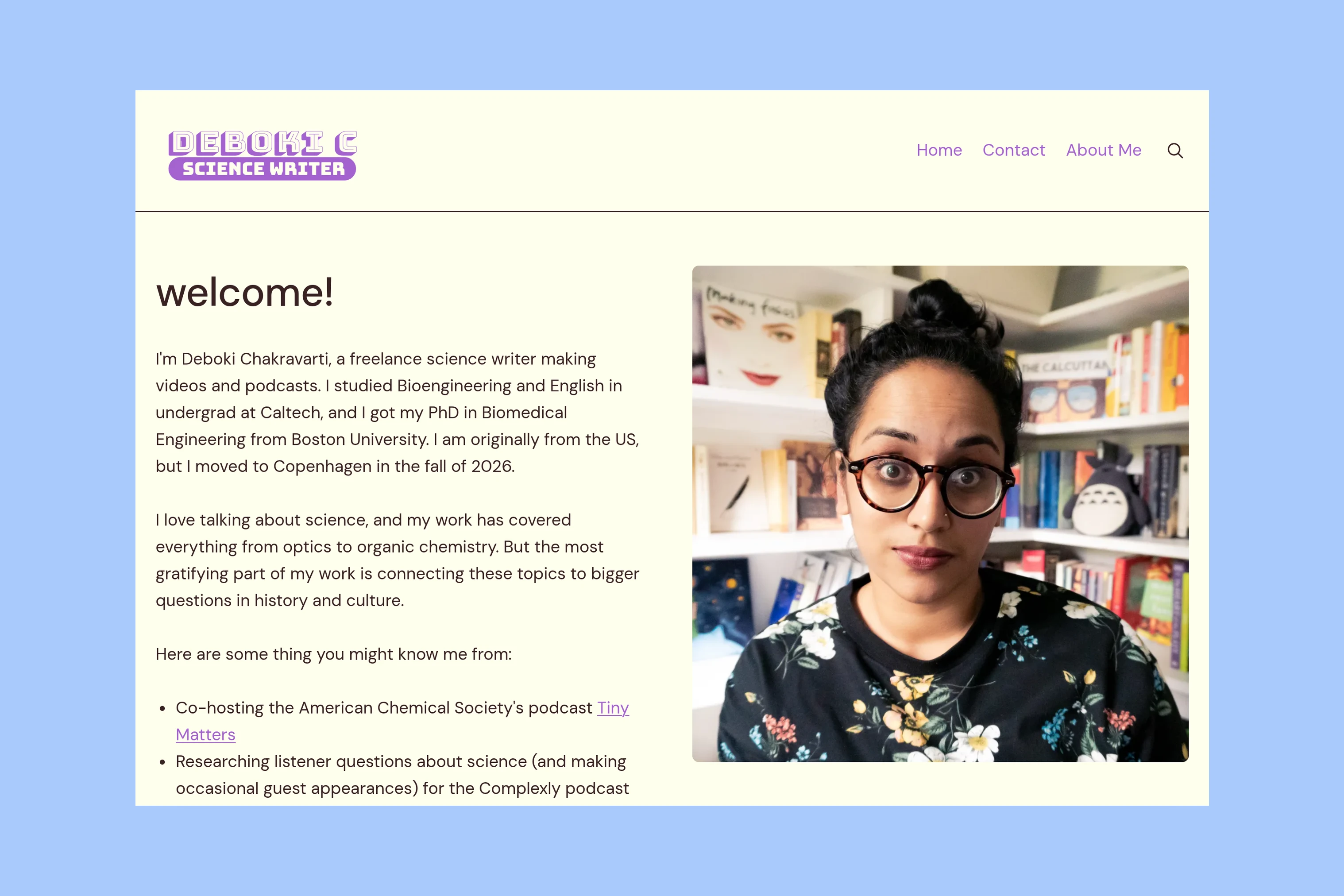 Deboki Chakravarti homepage with a science-writing introduction, newsletter signup, and links to her work