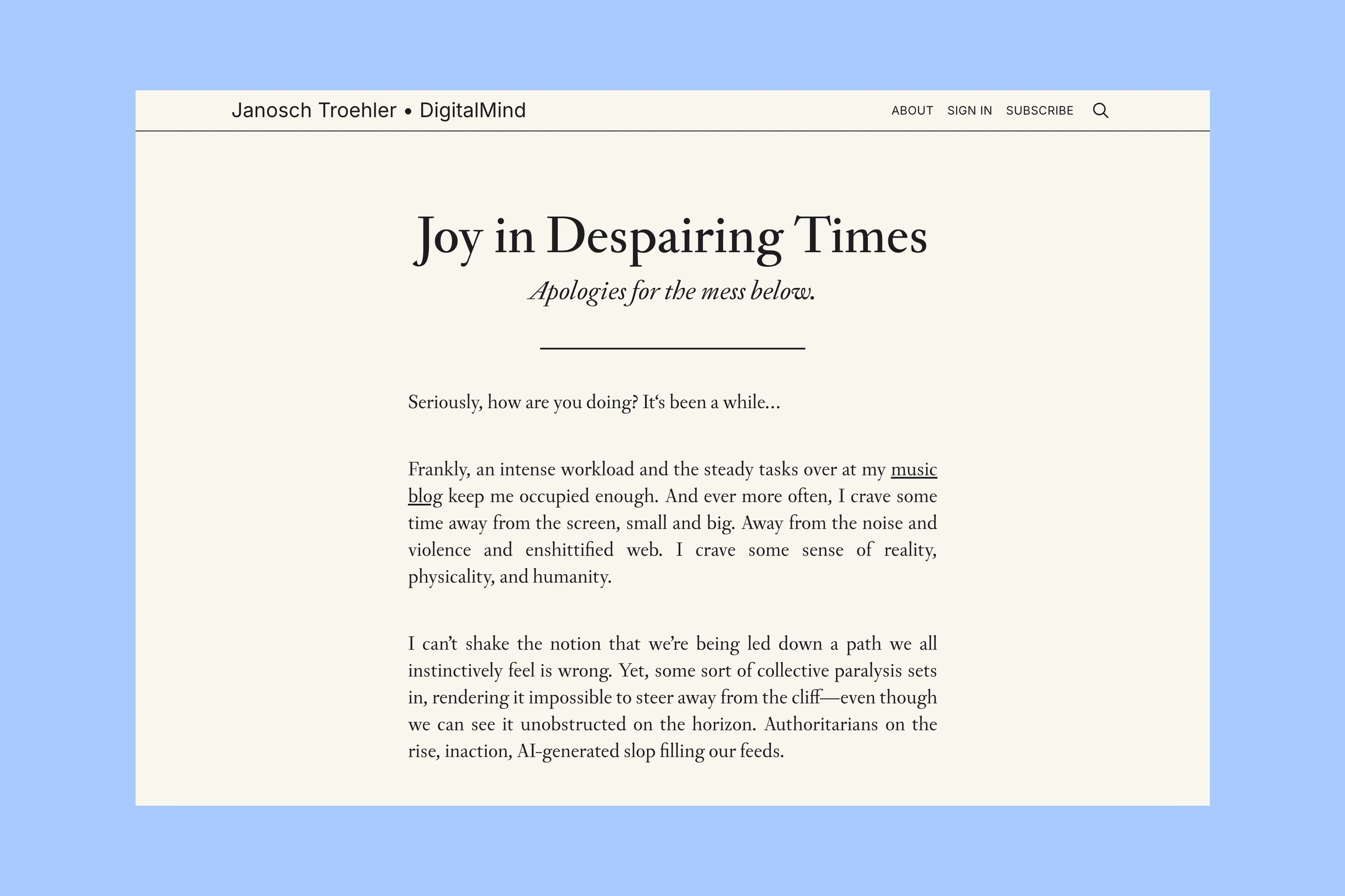 Janosch Troehler personal blog with a complete essay displayed on the homepage