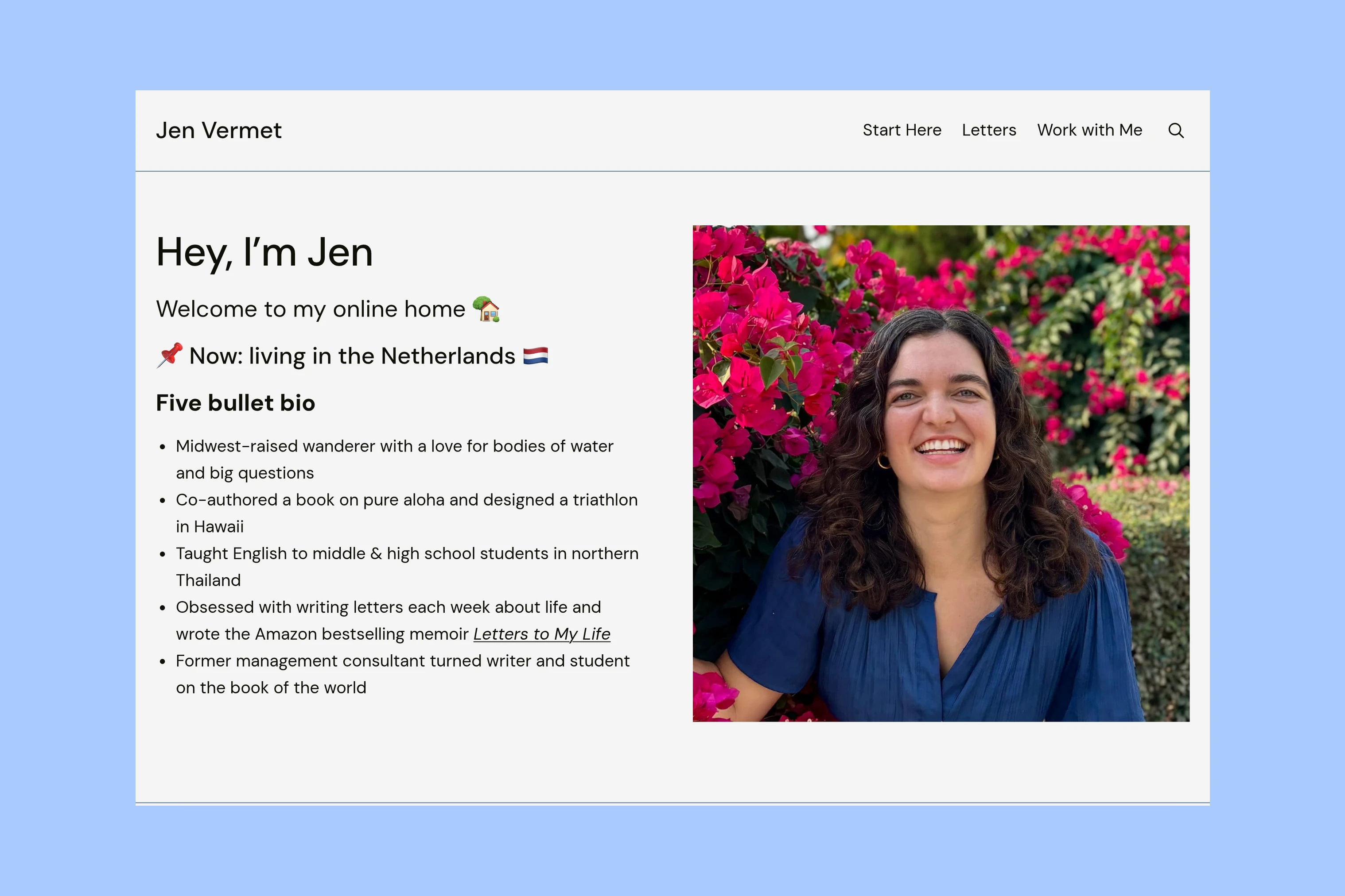 Jen Vermet personal blog with a short biography, navigation links, and featured writing