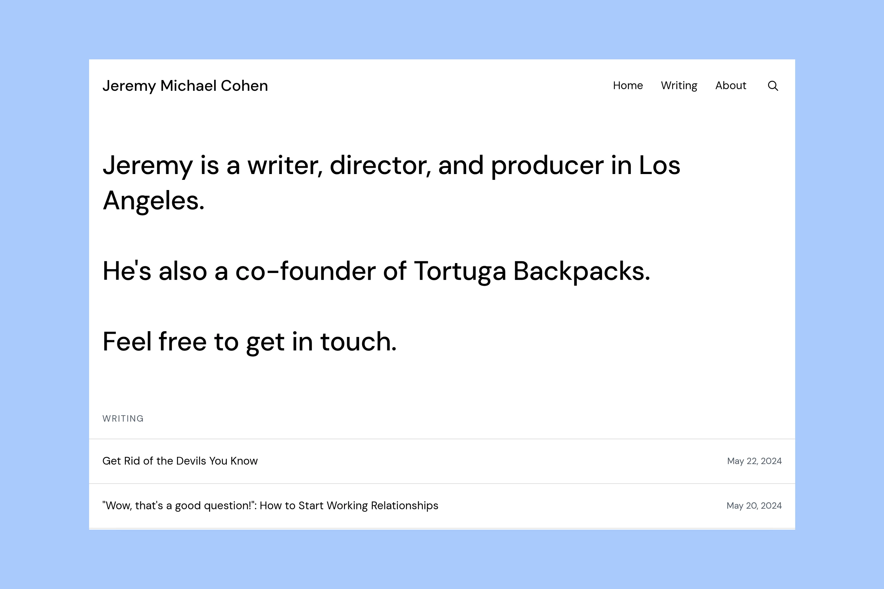 Jeremy Michael Cohen personal website with a brief introduction, writing list, and newsletter section