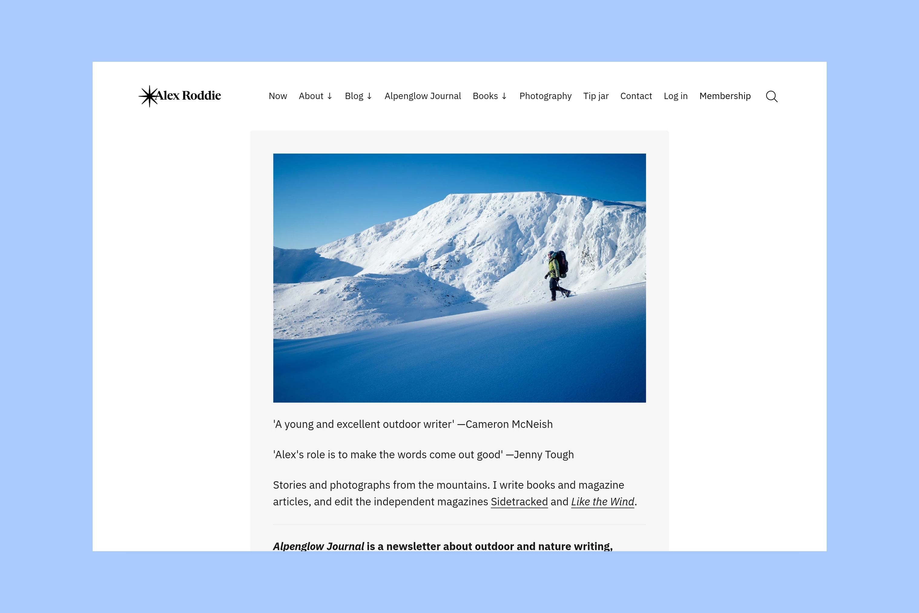 Alex Roddie homepage with a mountain photograph above an introduction and links to his work