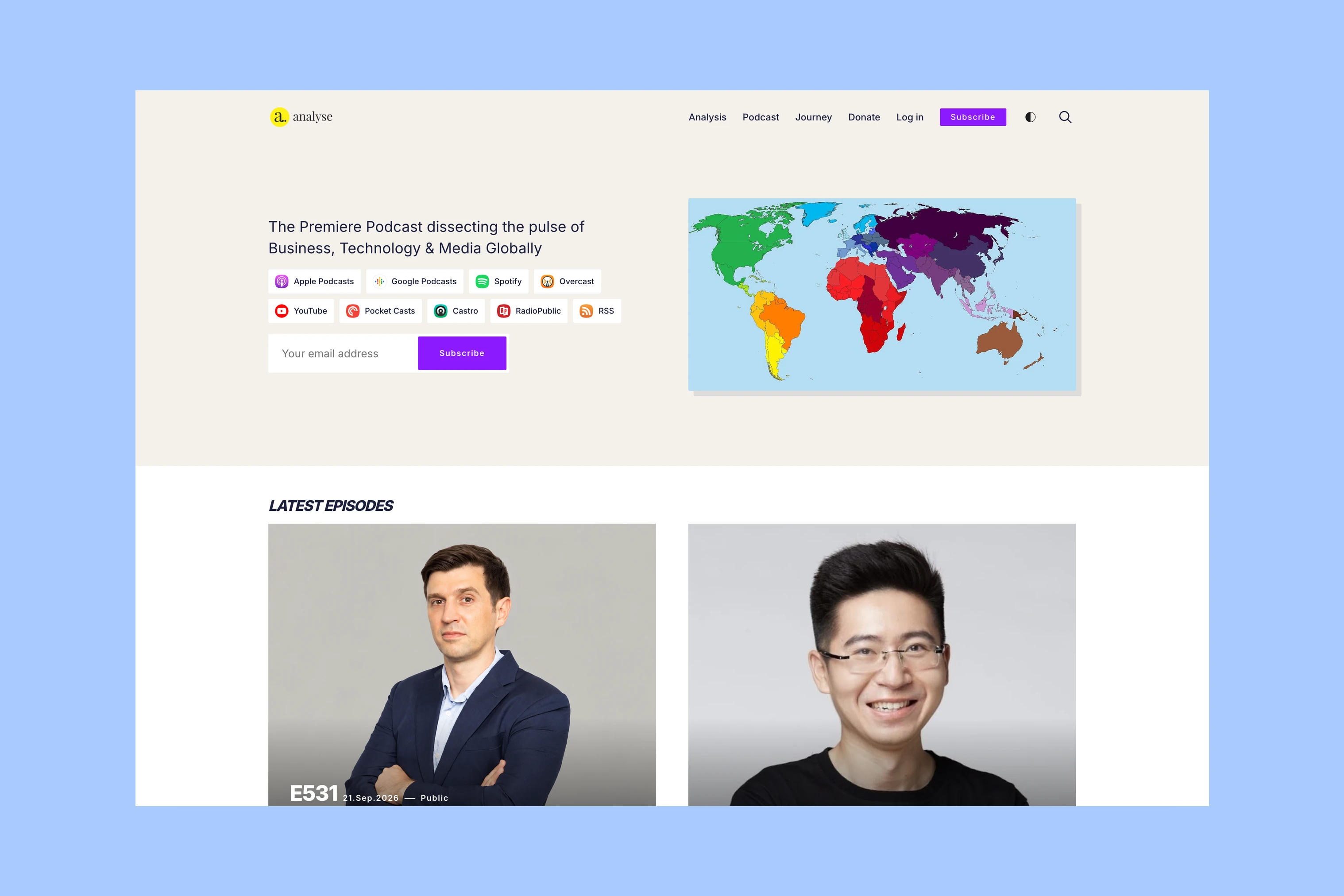 Analyse Podcast homepage with its show introduction and guest episode cards