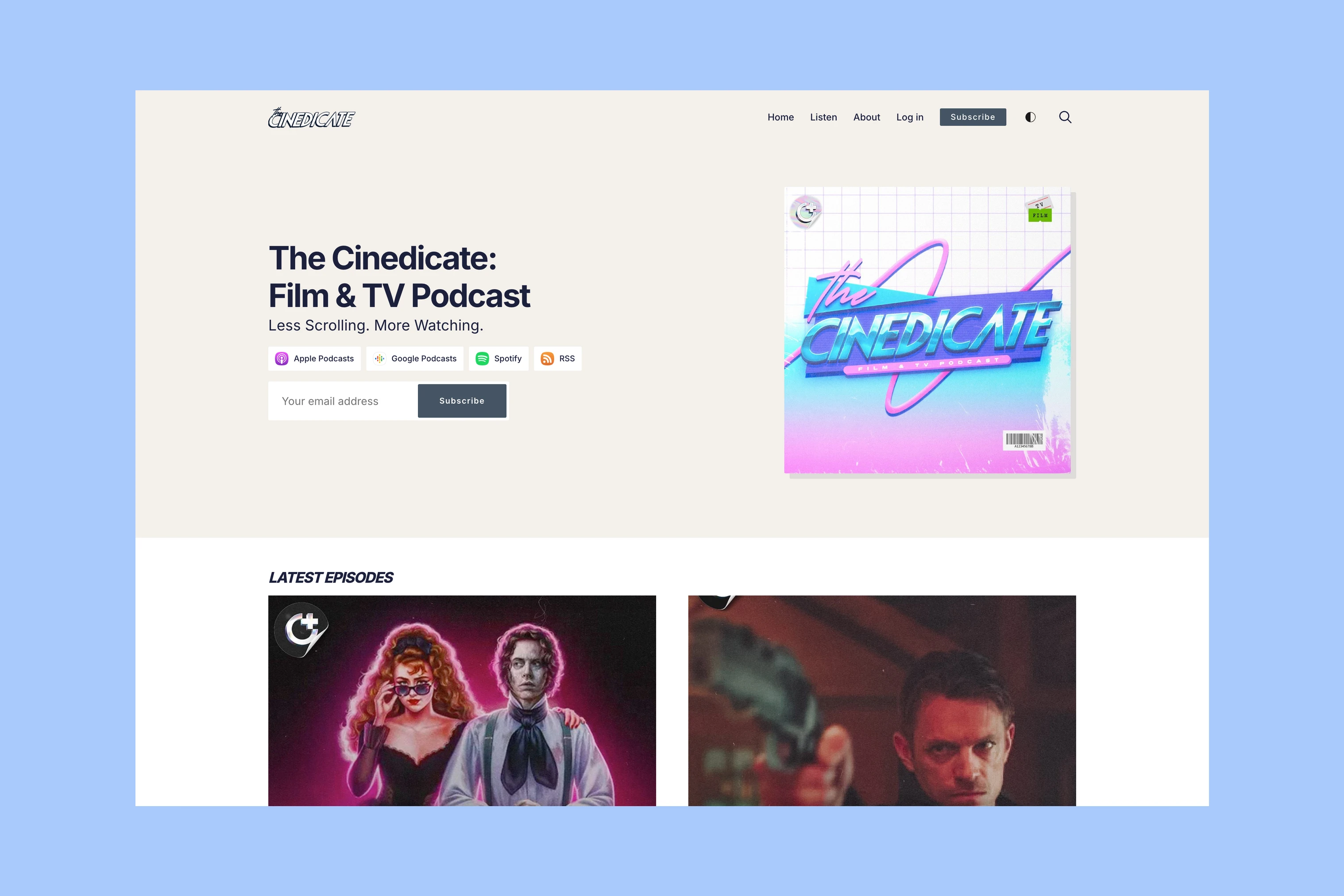 The Cinedicate podcast homepage with film and television episode artwork