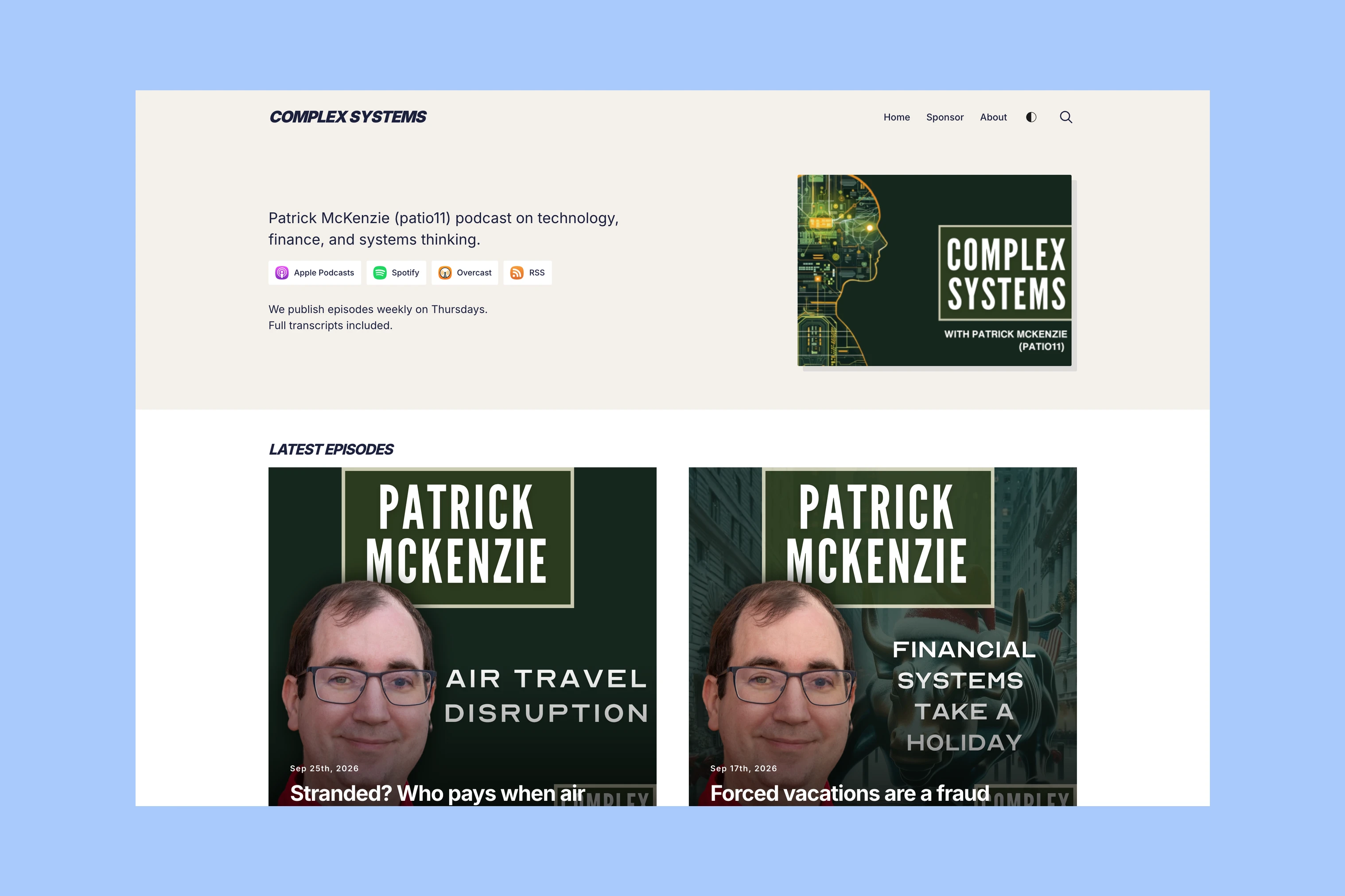 Complex Systems podcast homepage with listening links and episode artwork