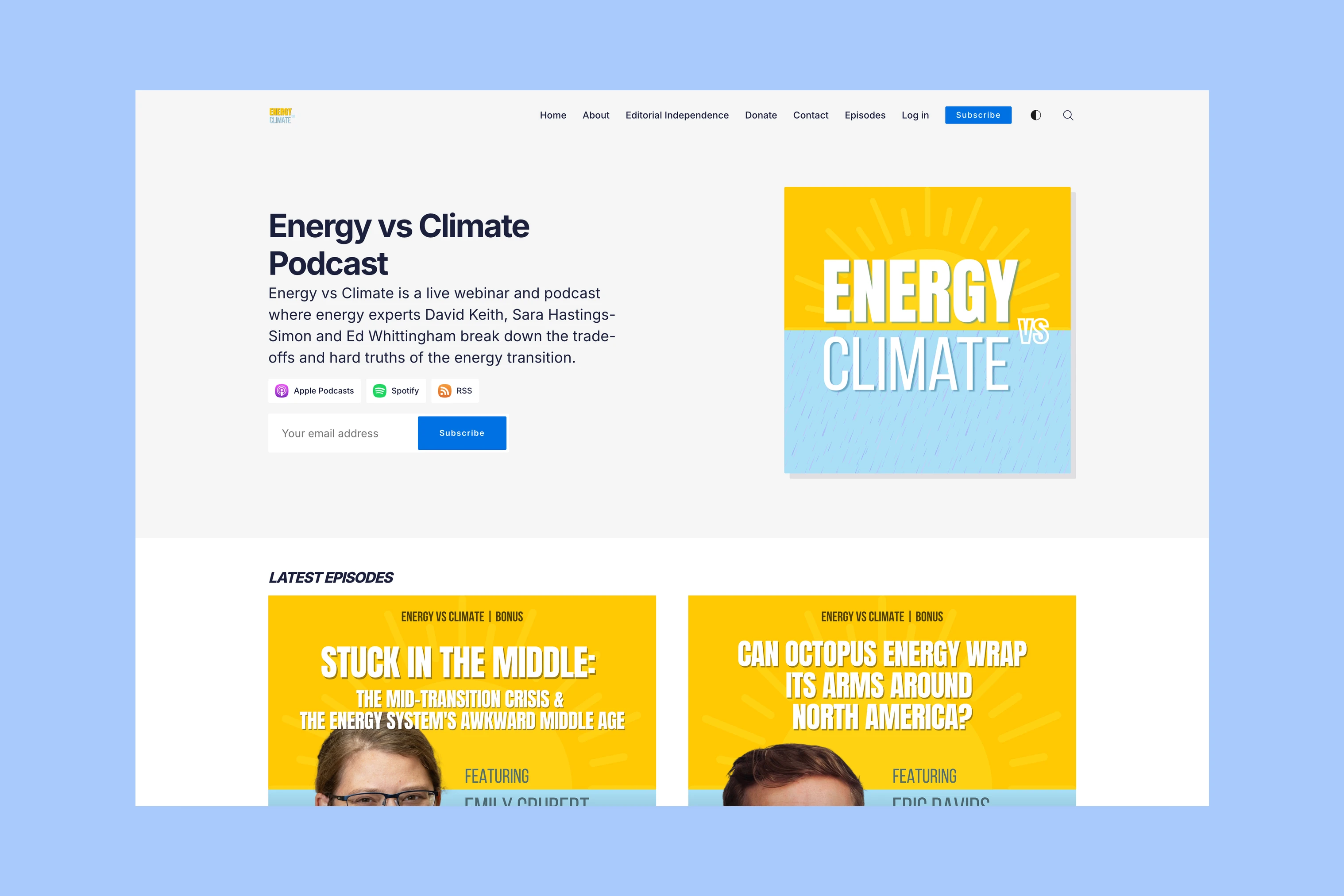 Energy vs Climate podcast homepage with host introduction and episode cards