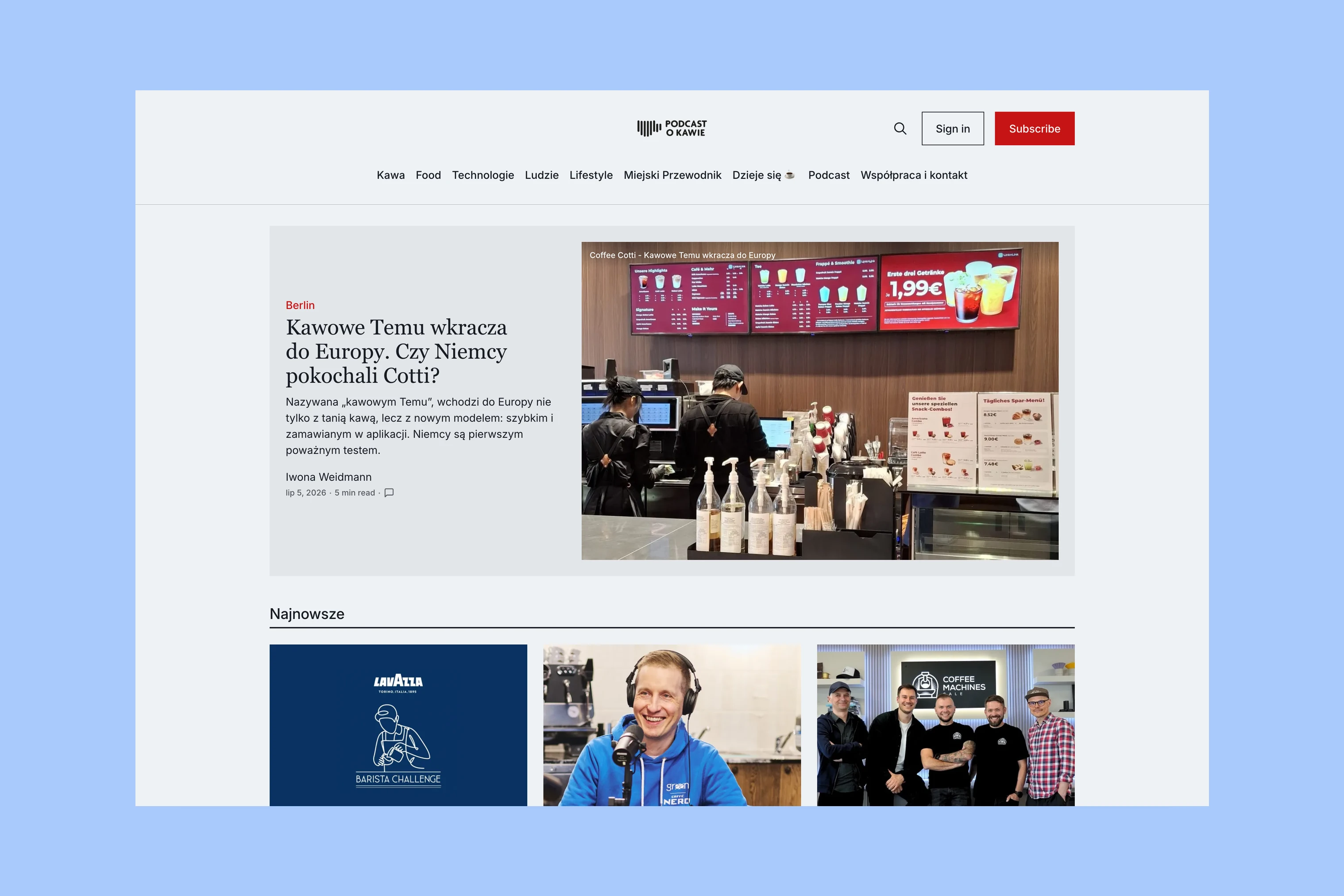 Podcast o Kawie magazine homepage with coffee reporting and a podcast navigation link