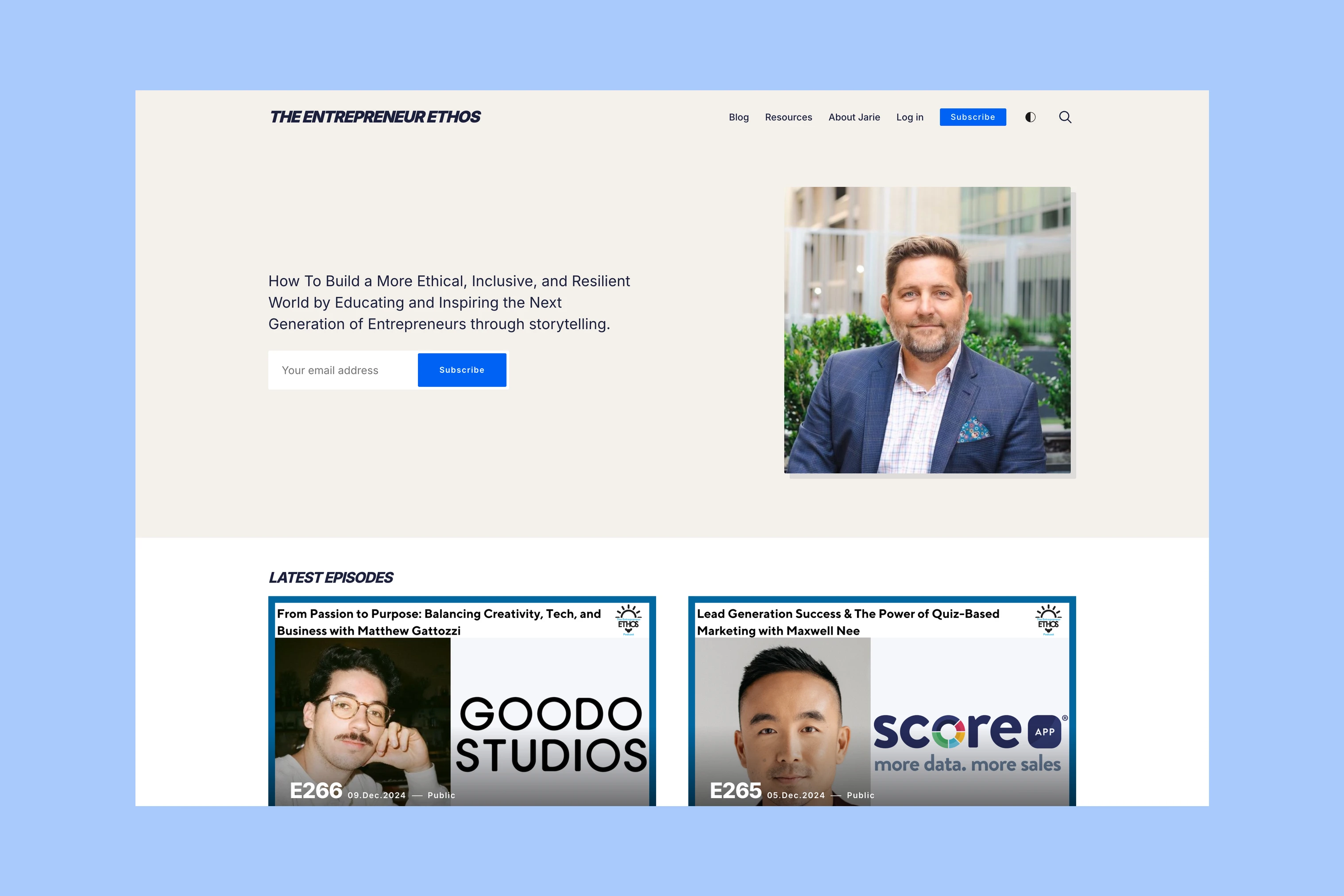 The Entrepreneur Ethos podcast homepage with an introduction and interview cards