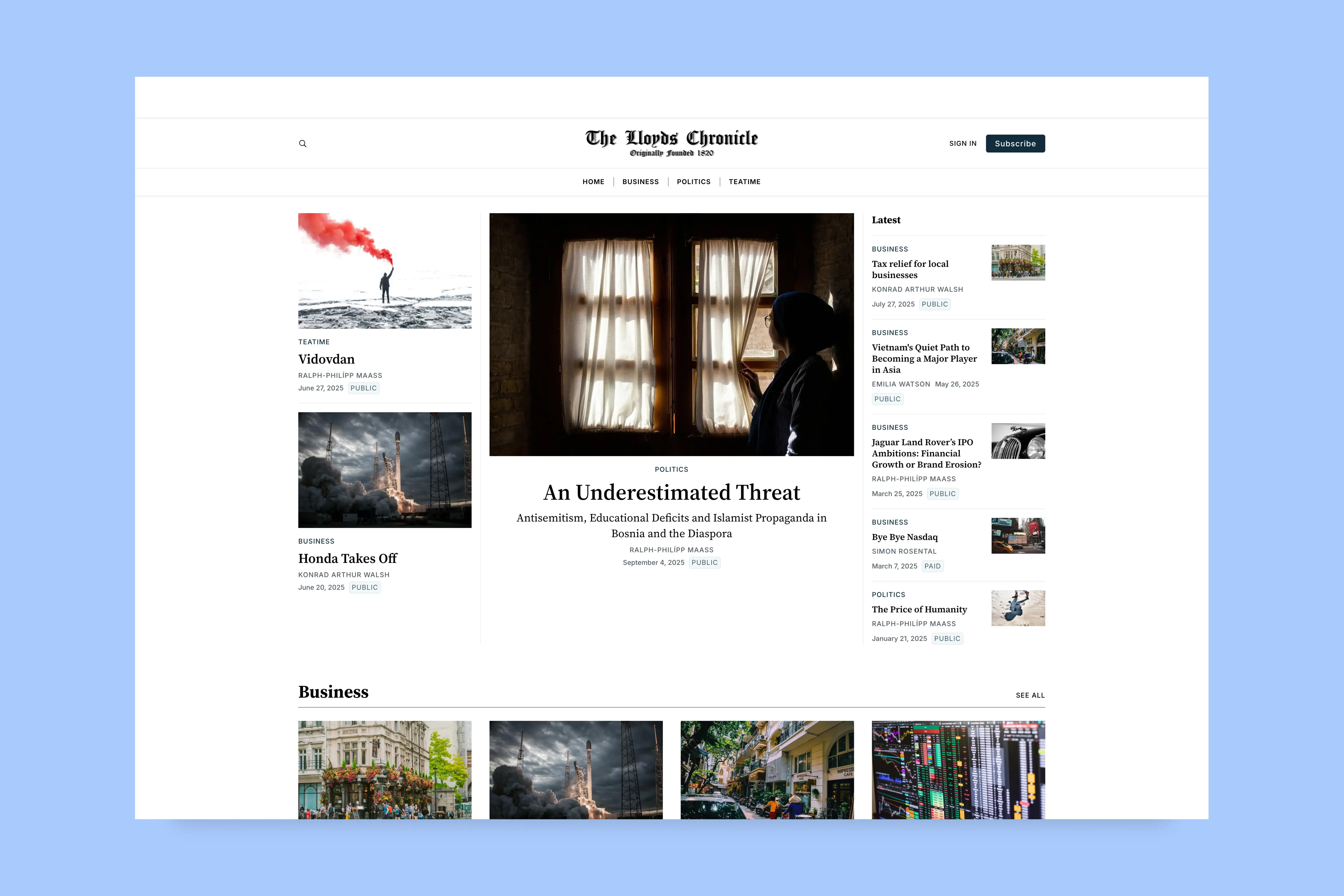 Screenshot of The Lloyd's Chronicle — built with Tripoli Ghost theme