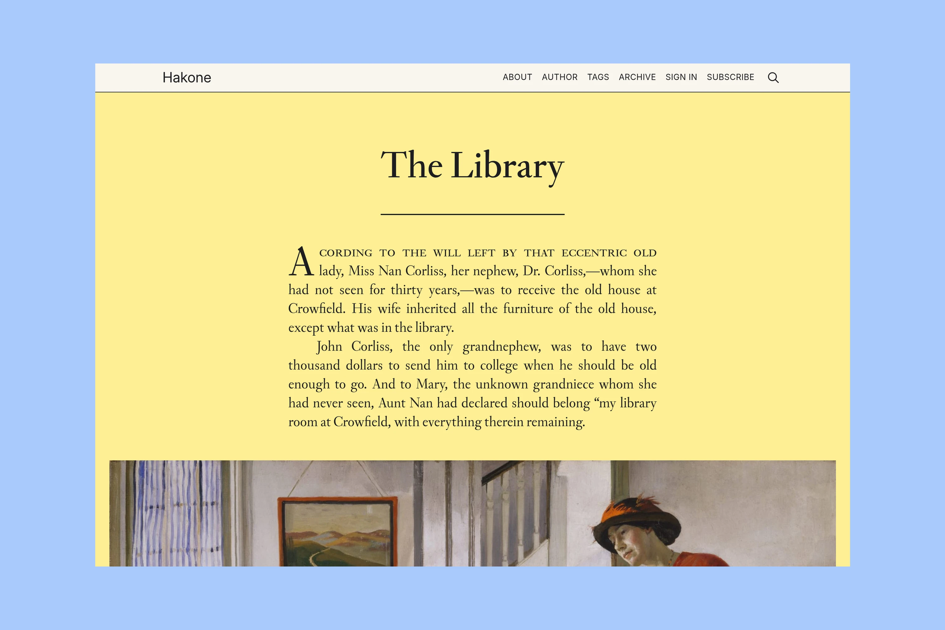 Hakone demo homepage showing The Library as full prose rather than a post card