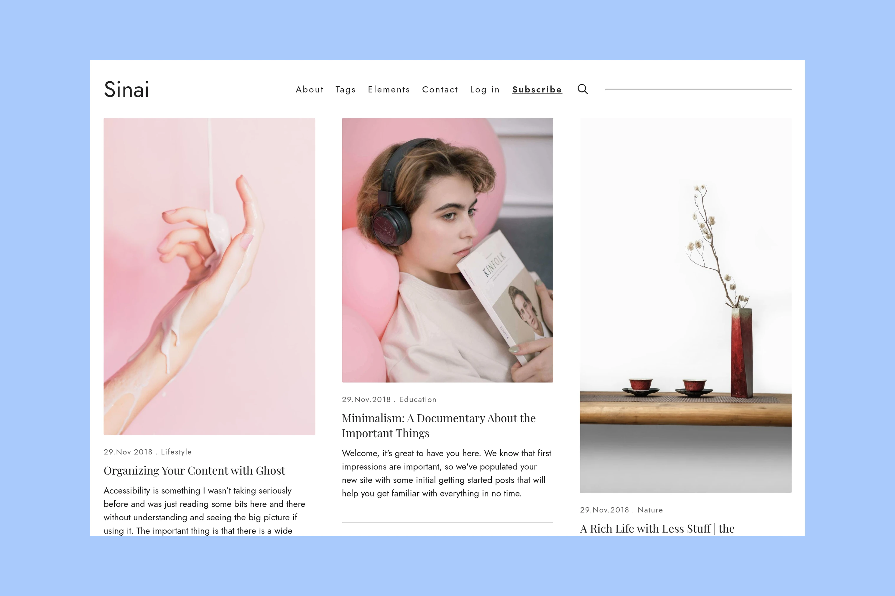 Sinai demo homepage displaying three post cards and their excerpts