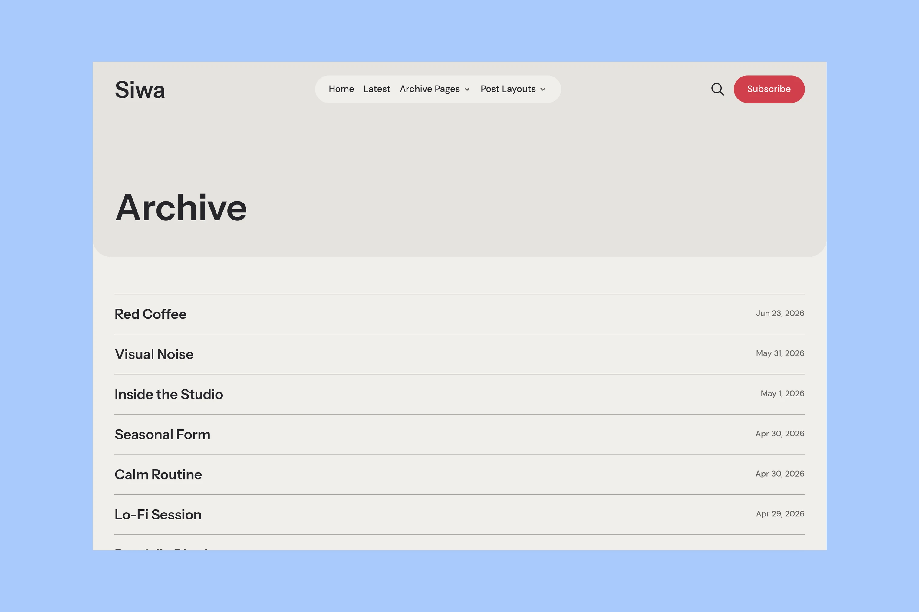 Siwa Archive with a list of article titles and publication dates