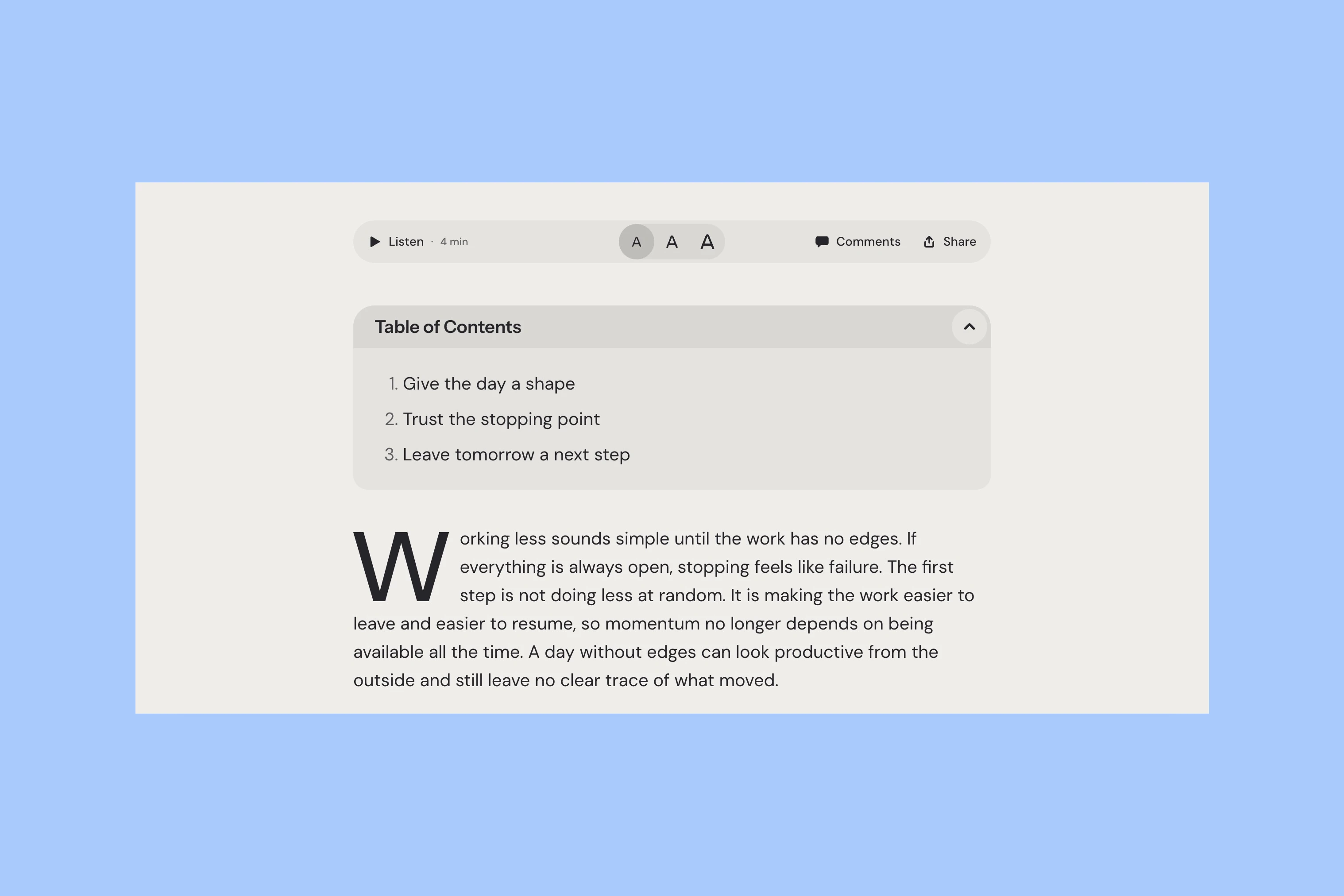 Siwa reading toolbar with Listen, three text sizes, Comments, Share, and the article's table of contents
