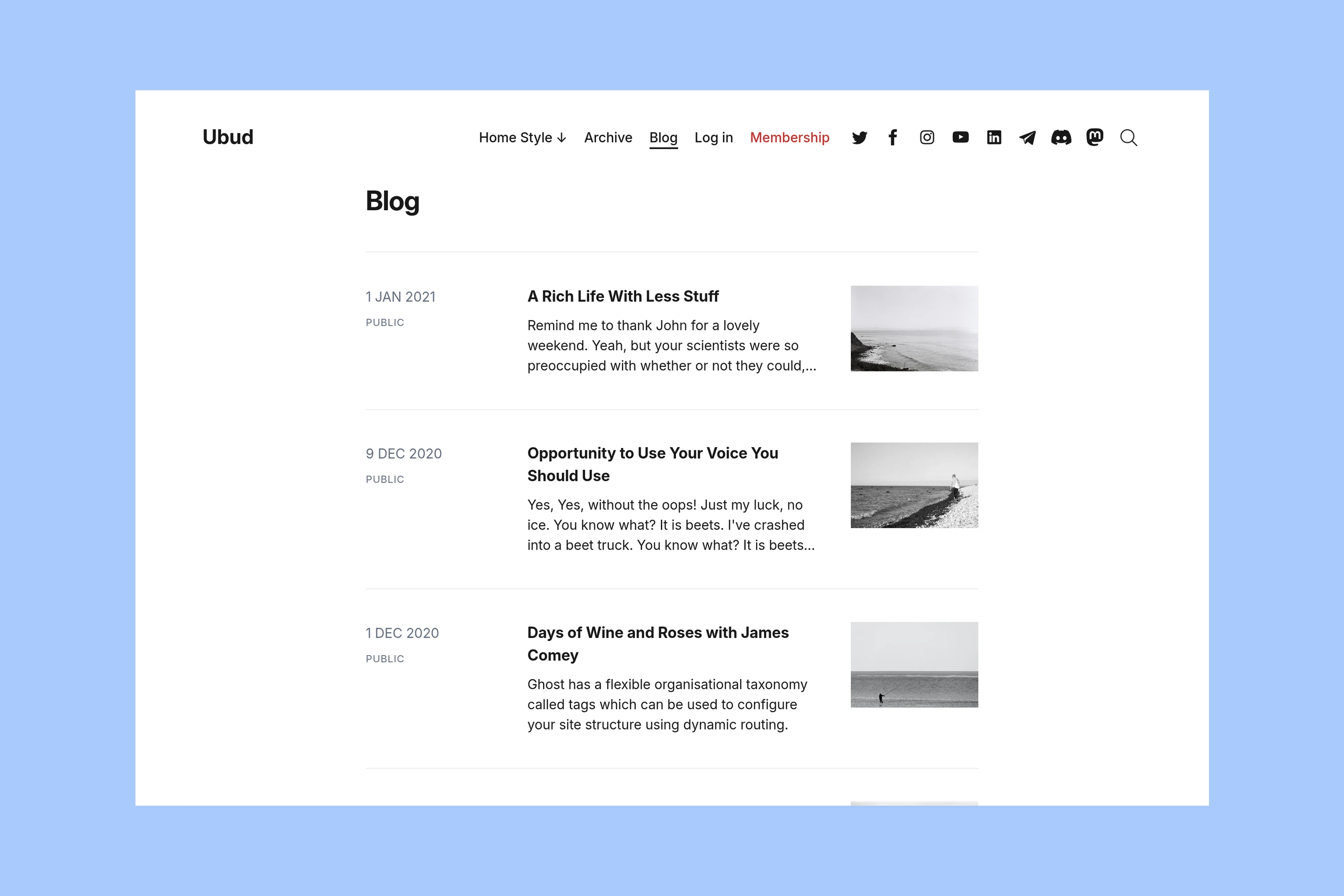 Ubud Blog page with dated article rows, excerpts, access labels, and thumbnails
