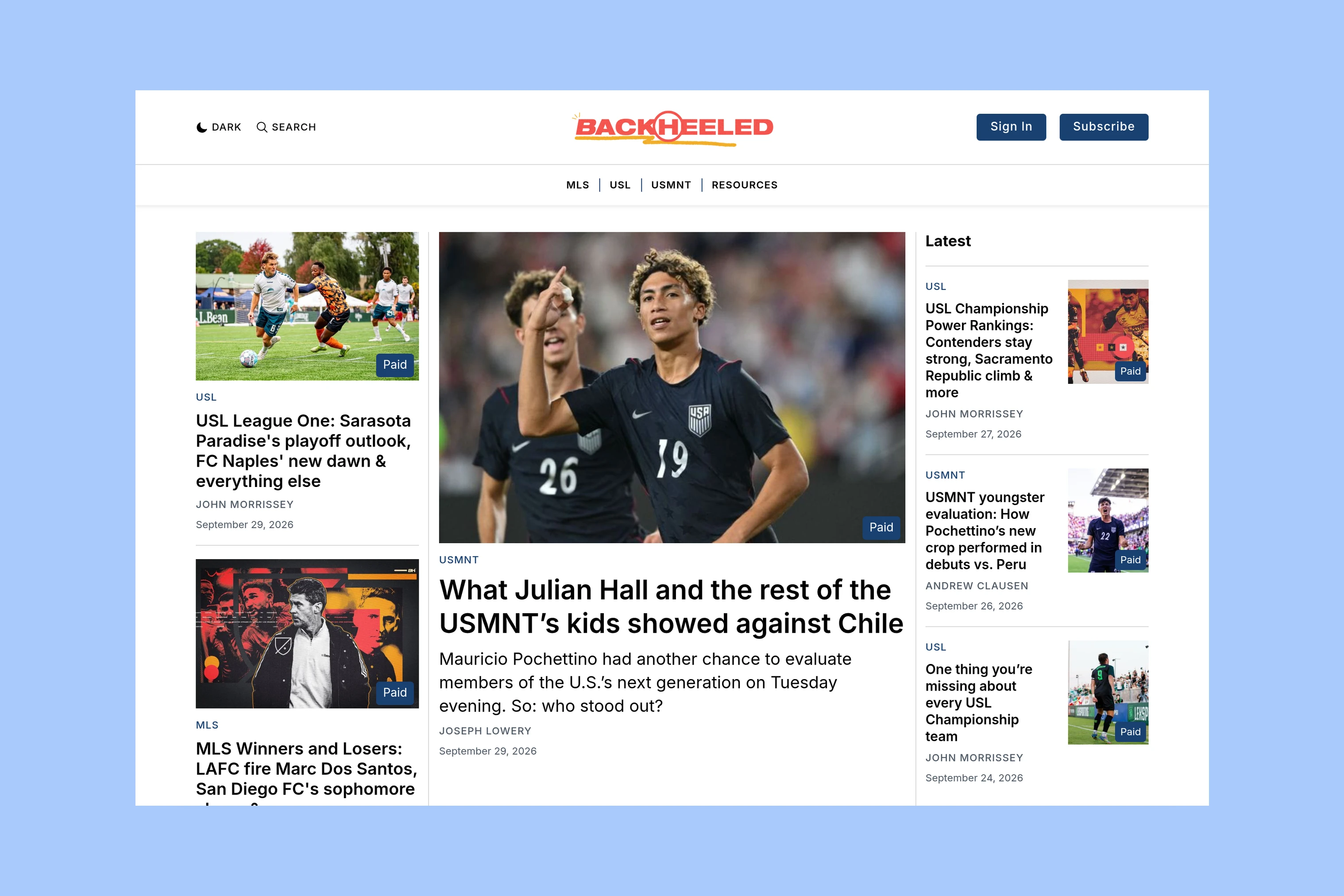 Backheeled sports news homepage with a featured soccer story, league navigation, and latest articles