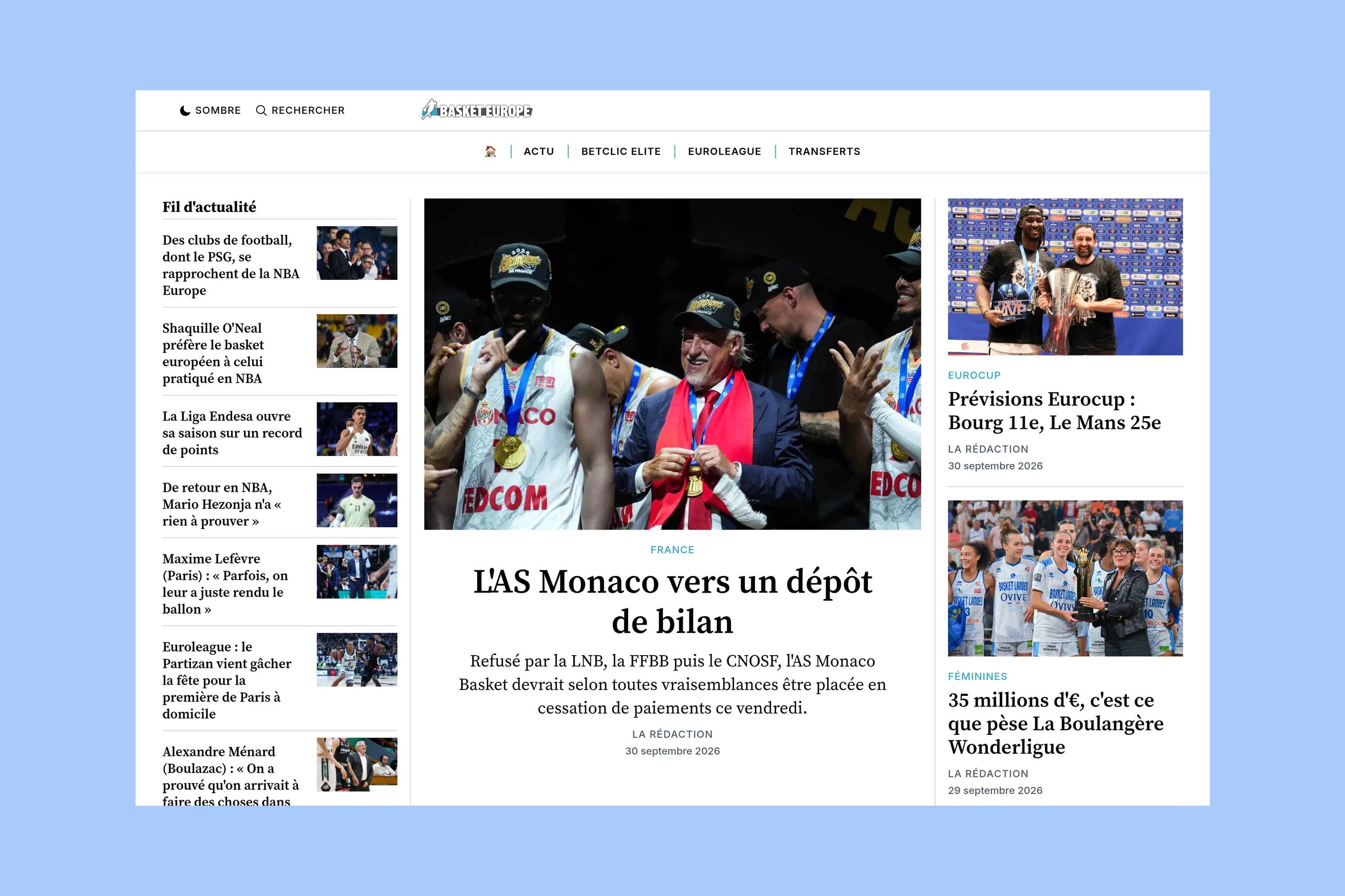 BasketEurope basketball news homepage with a latest-news list and prominent feature photography
