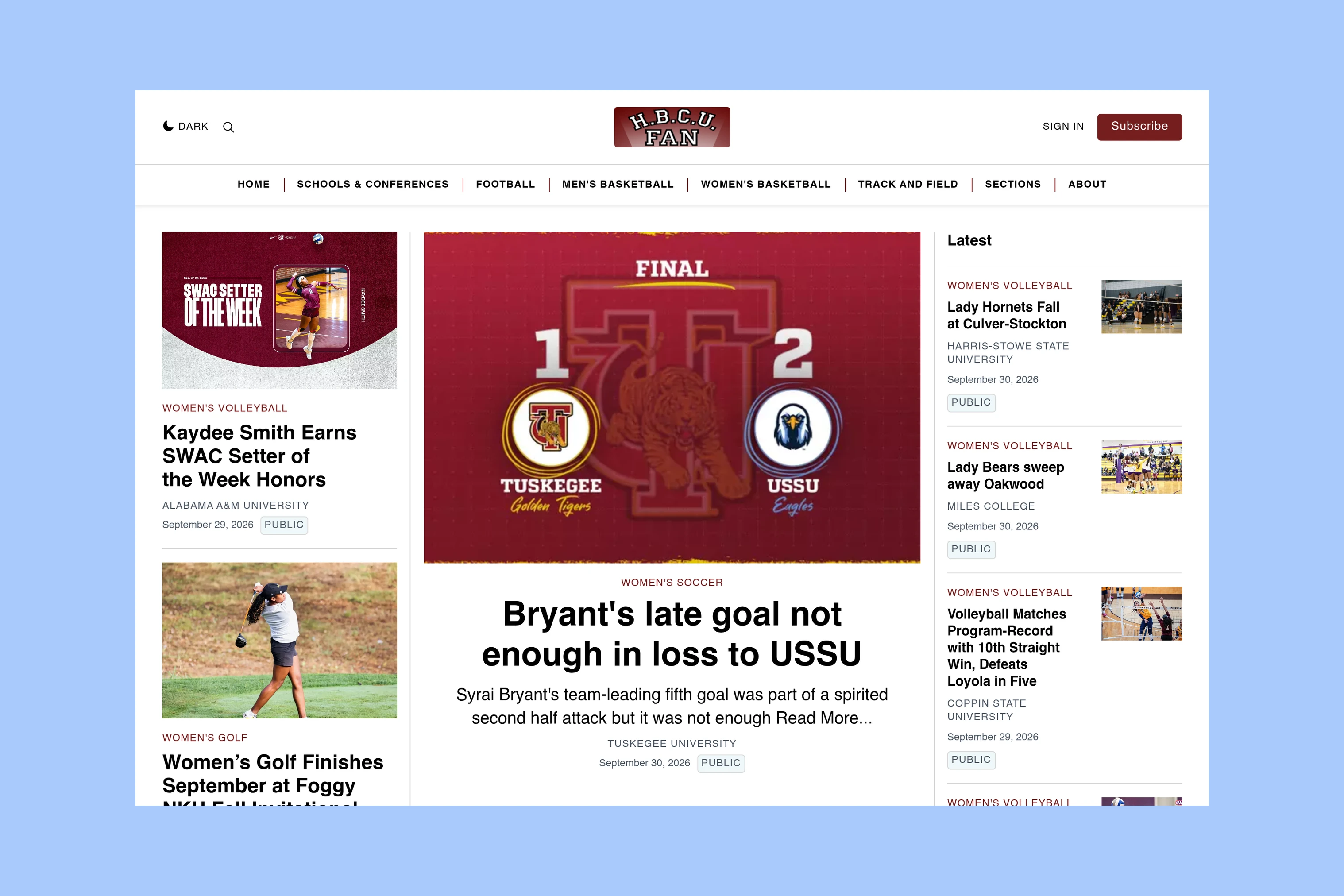 HBCU Fan homepage with college sports coverage and navigation for schools, conferences, and individual sports