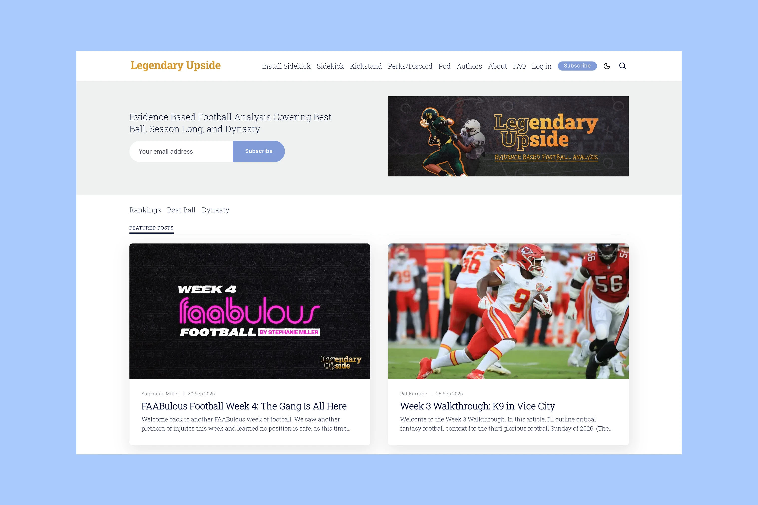 Legendary Upside fantasy football homepage with a publication introduction, signup form, and analysis categories