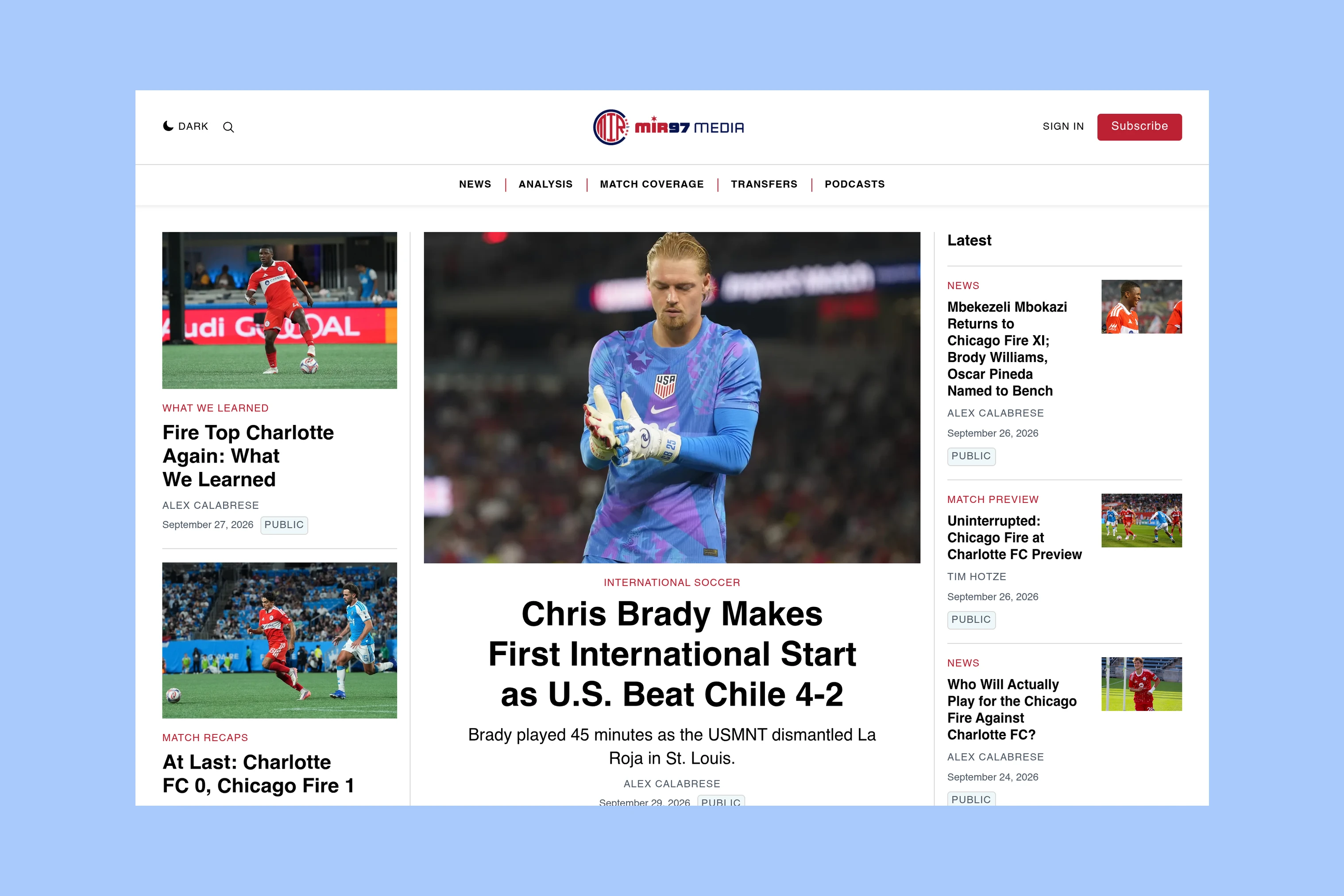 MIR97 Media homepage with Chicago Fire reporting, a lead match story, and recent podcast coverage