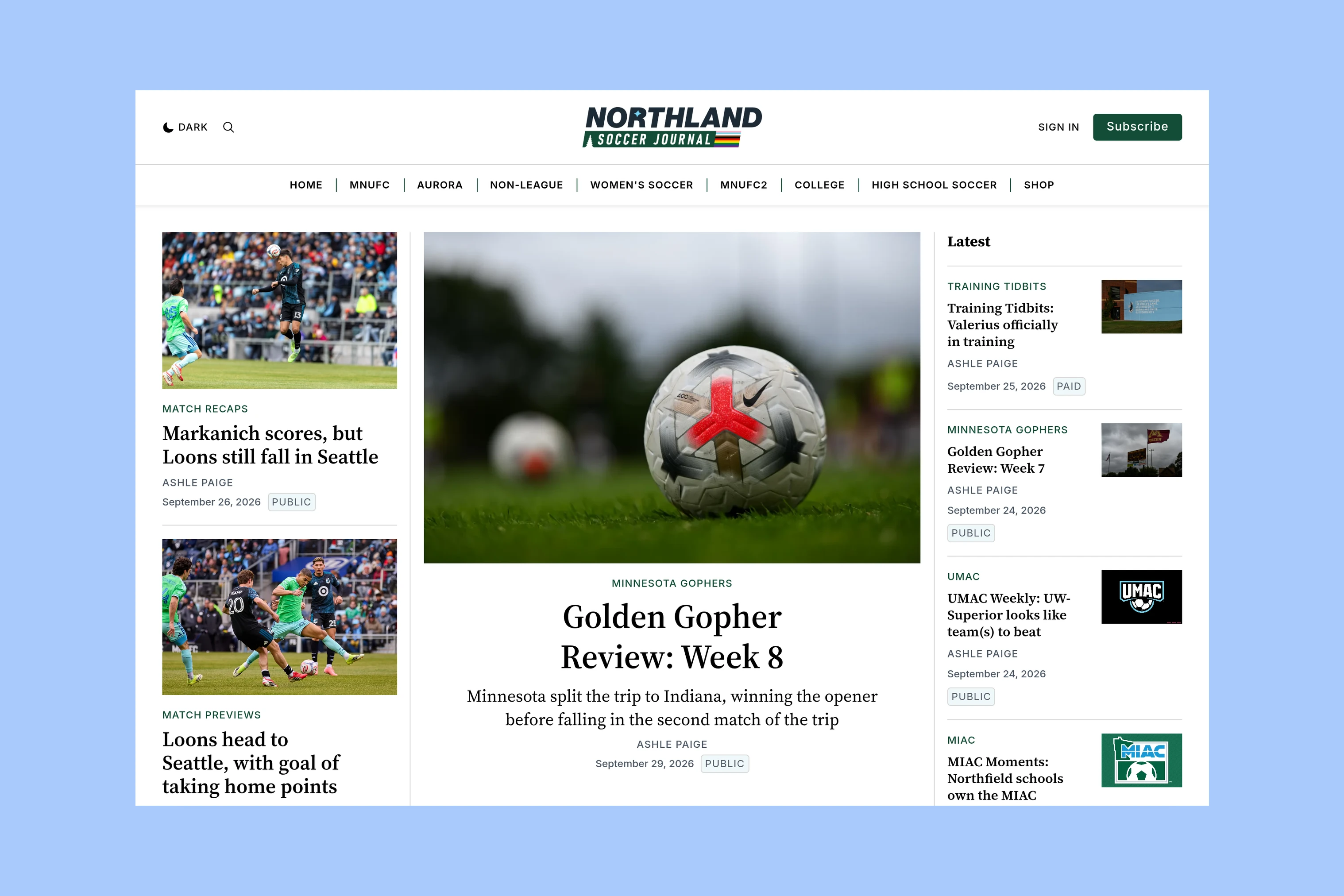 Northland Soccer Journal homepage with regional soccer stories and navigation for professional, college, and school teams