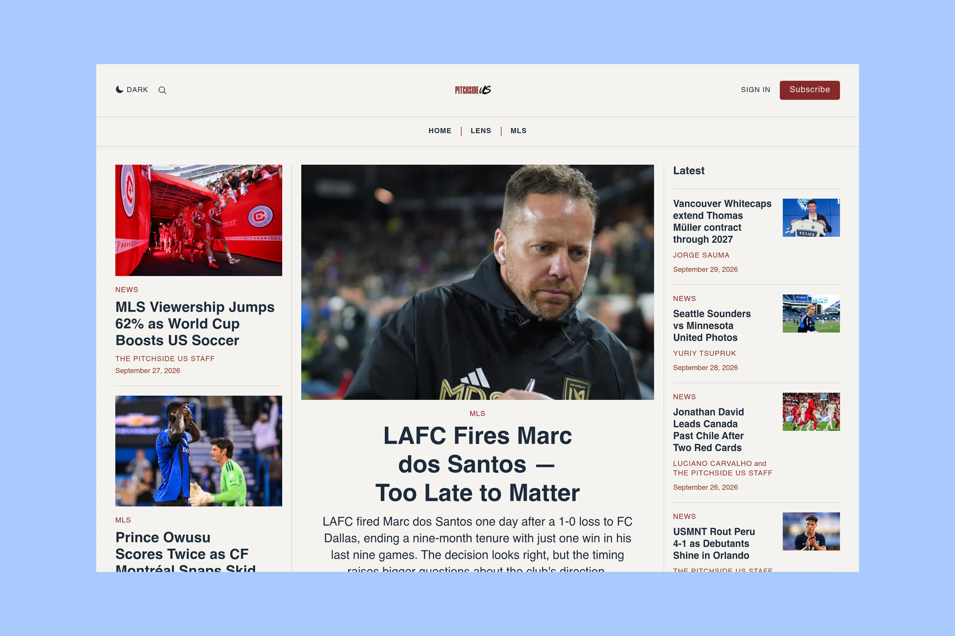 Pitchside US soccer homepage with large match photography and a compact list of recent reports