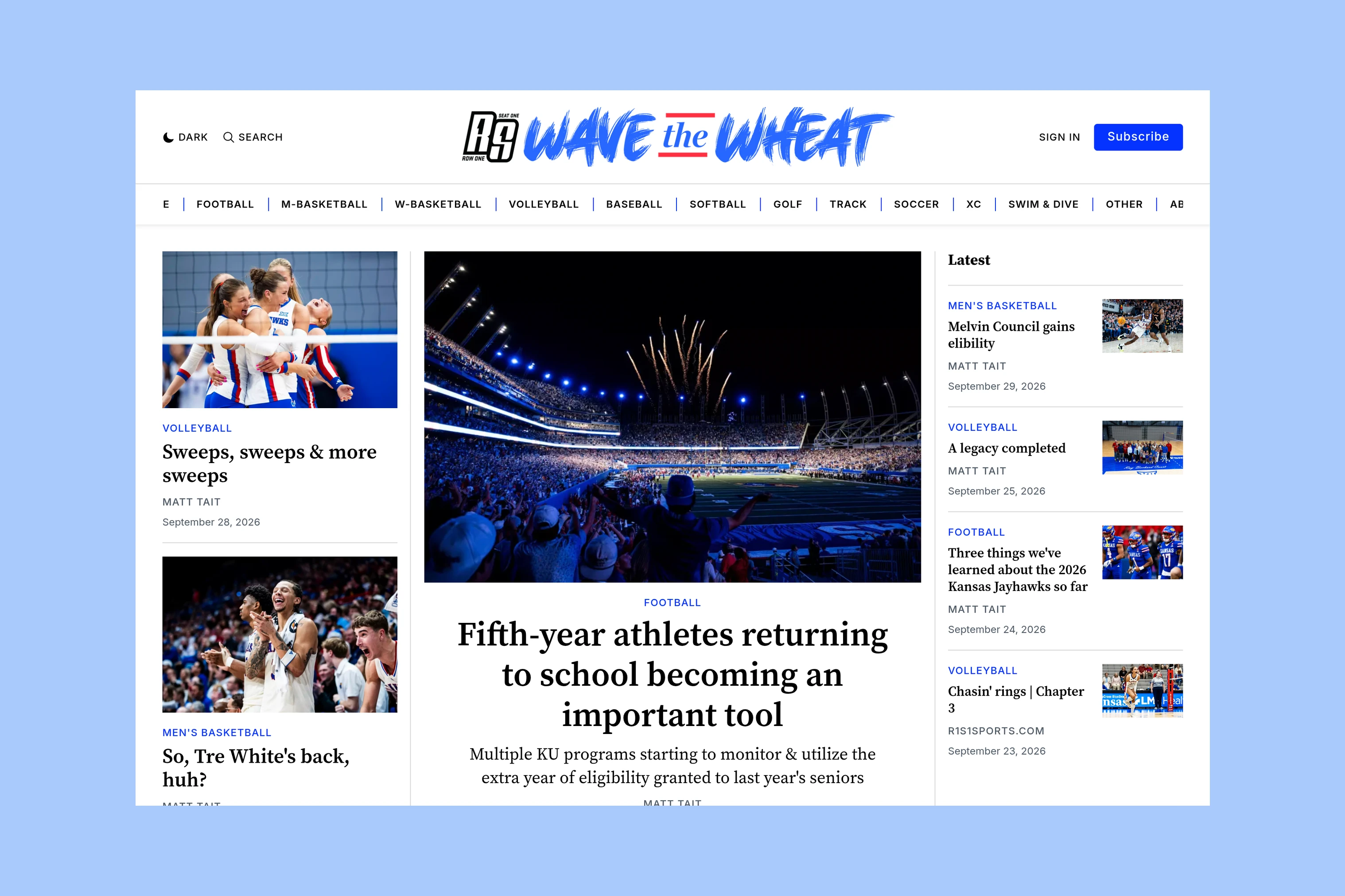 R1S1 Wave the Wheat homepage with Kansas athletics coverage and navigation across university sports