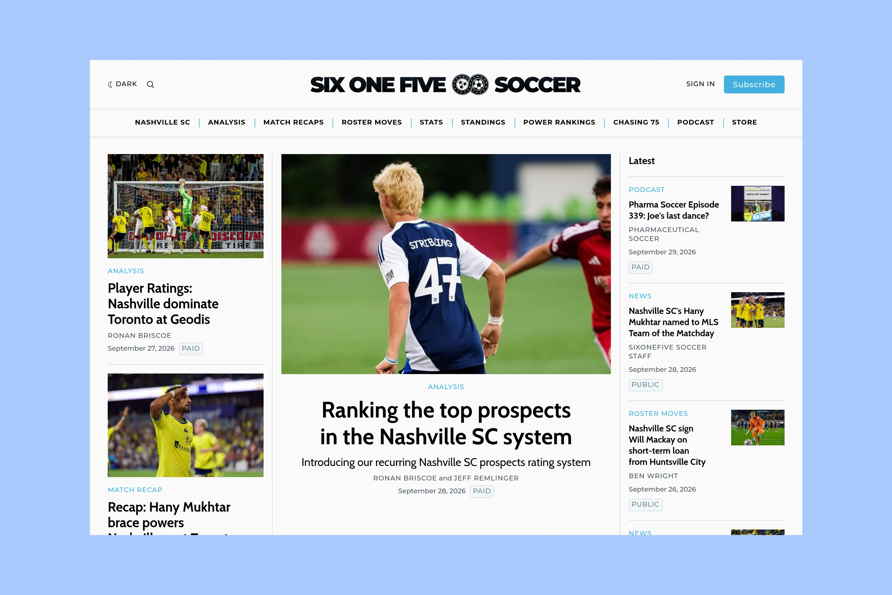 SixOneFive Soccer homepage with Nashville soccer reporting, analysis, and match coverage