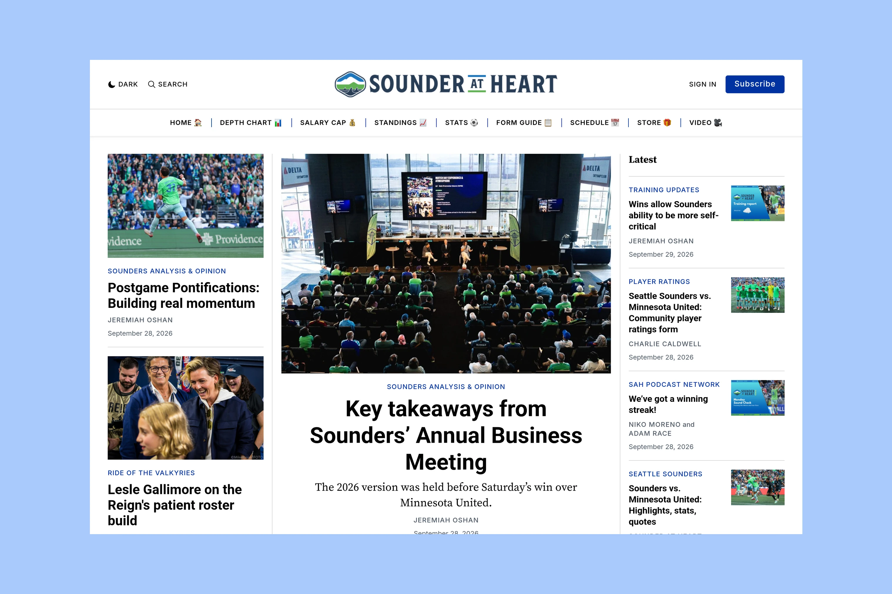 Sounder at Heart homepage with Seattle soccer coverage and links to statistics, standings, and schedules