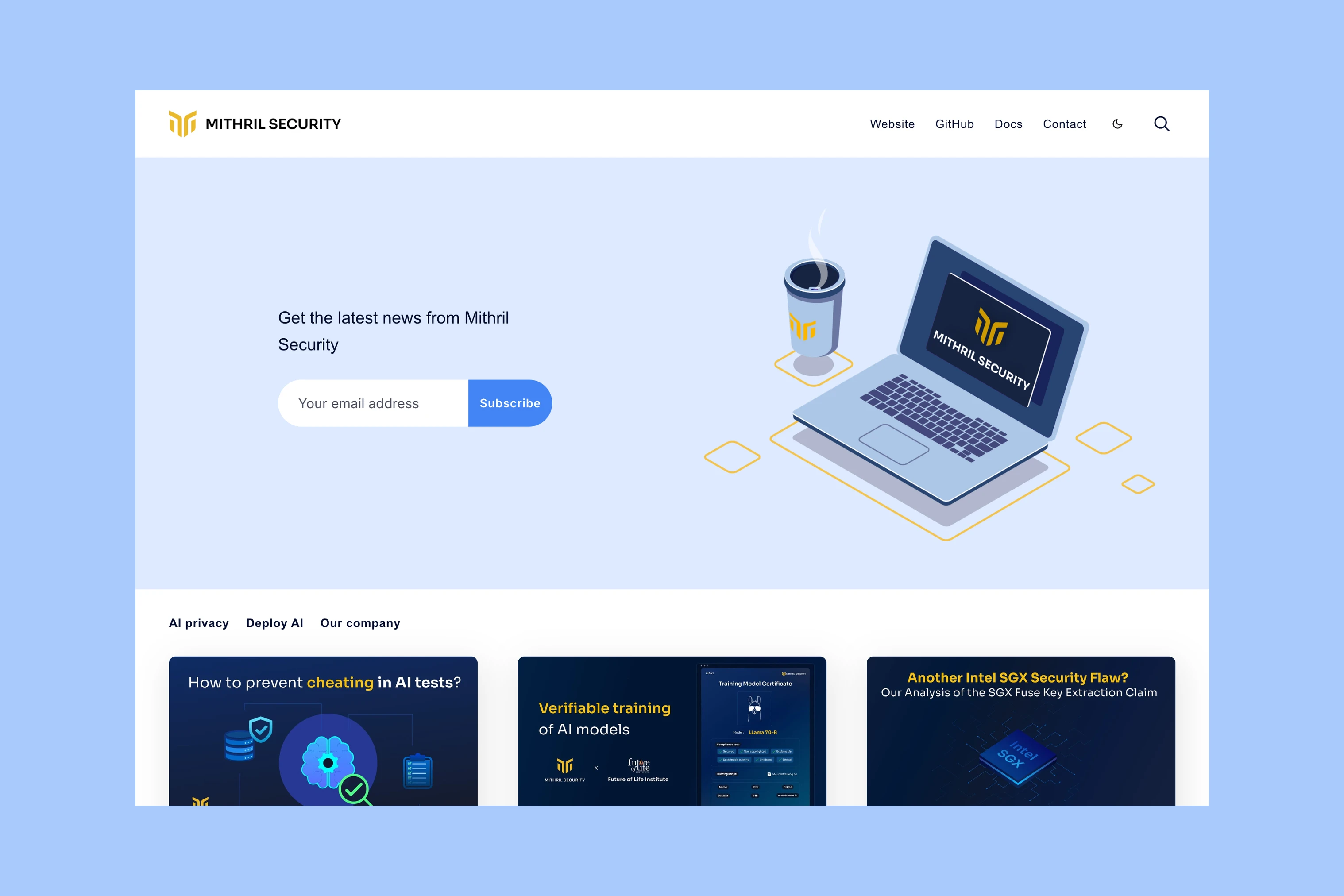 Mithril Security blog with a newsletter signup, technical topic links, and articles
