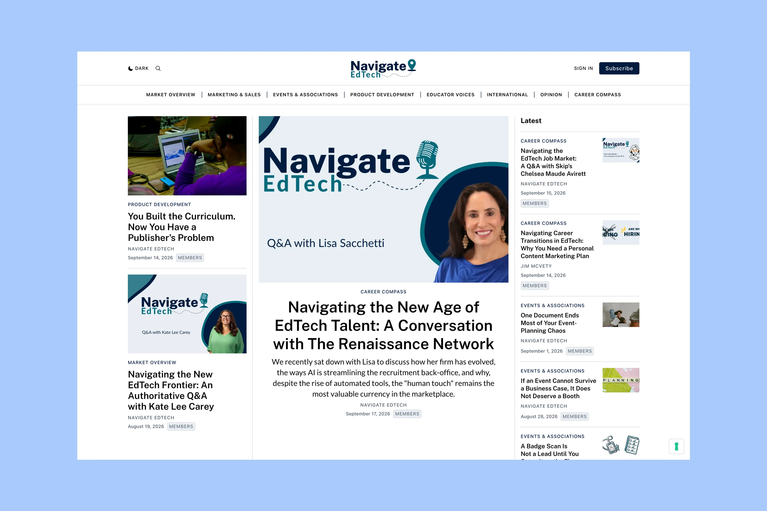 Navigate EdTech homepage with a featured interview and education technology categories