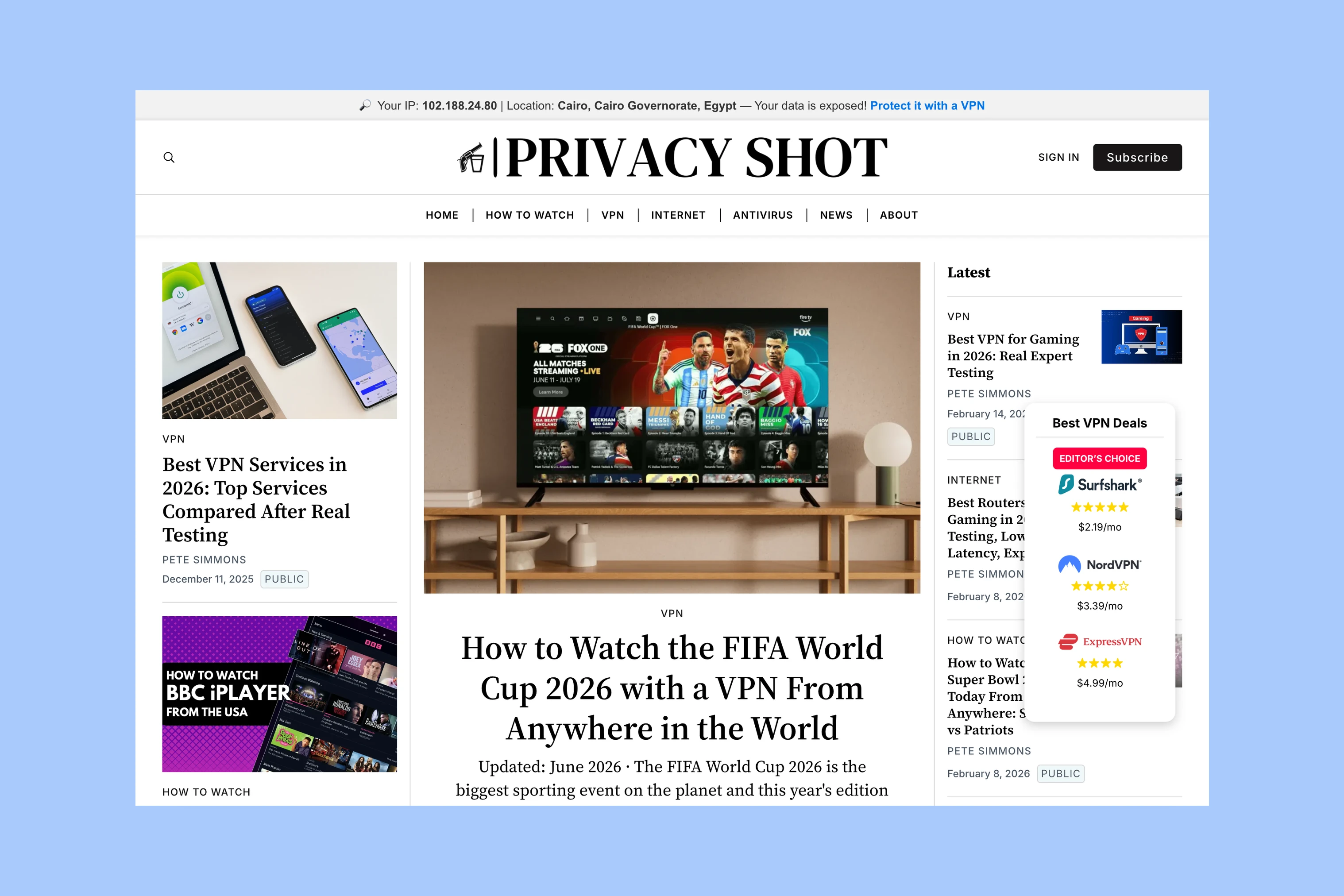 Privacy Shot homepage with a featured guide and navigation for VPN and internet topics