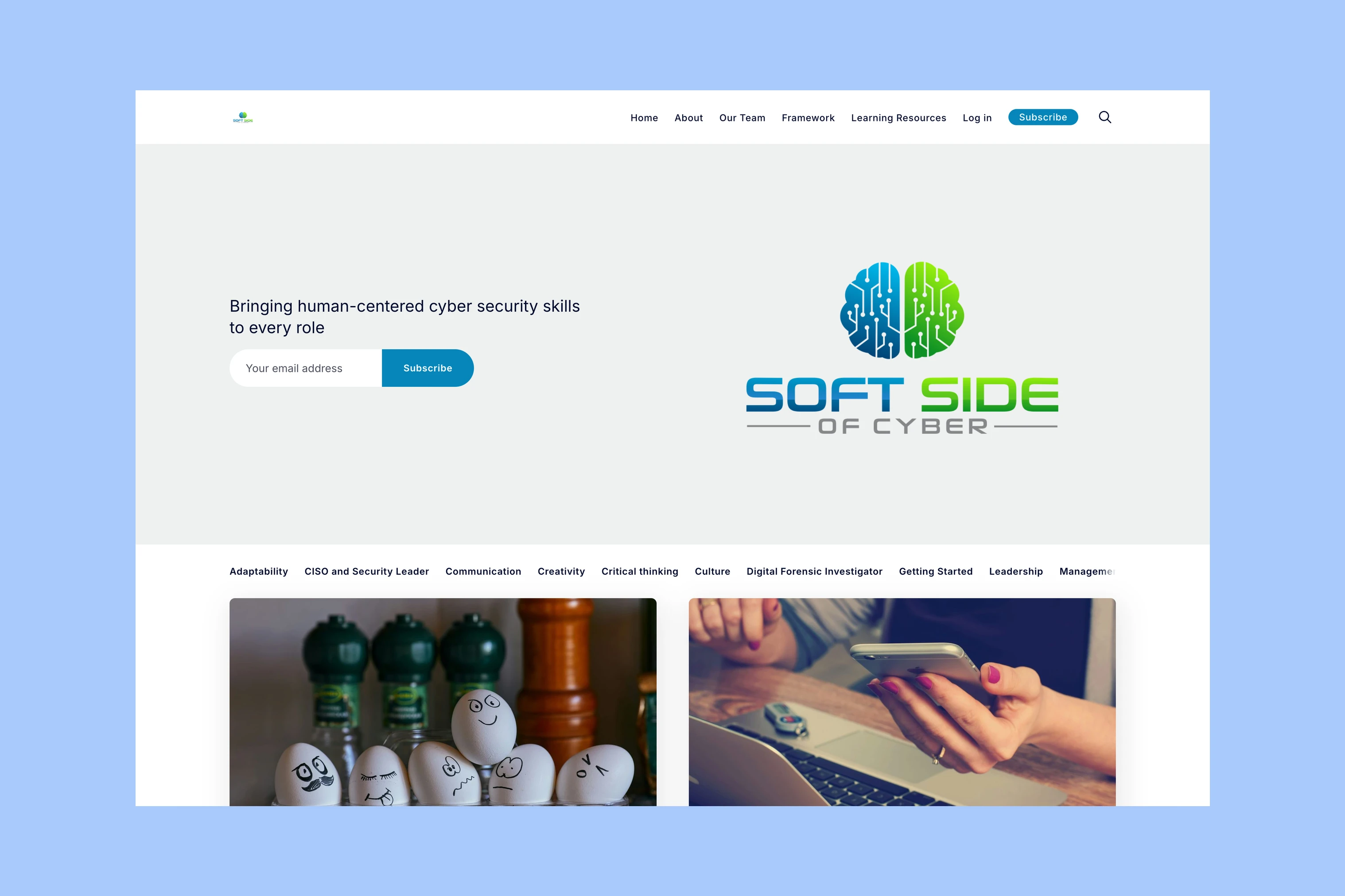 Soft Side of Cyber homepage with its publication introduction and cybersecurity articles