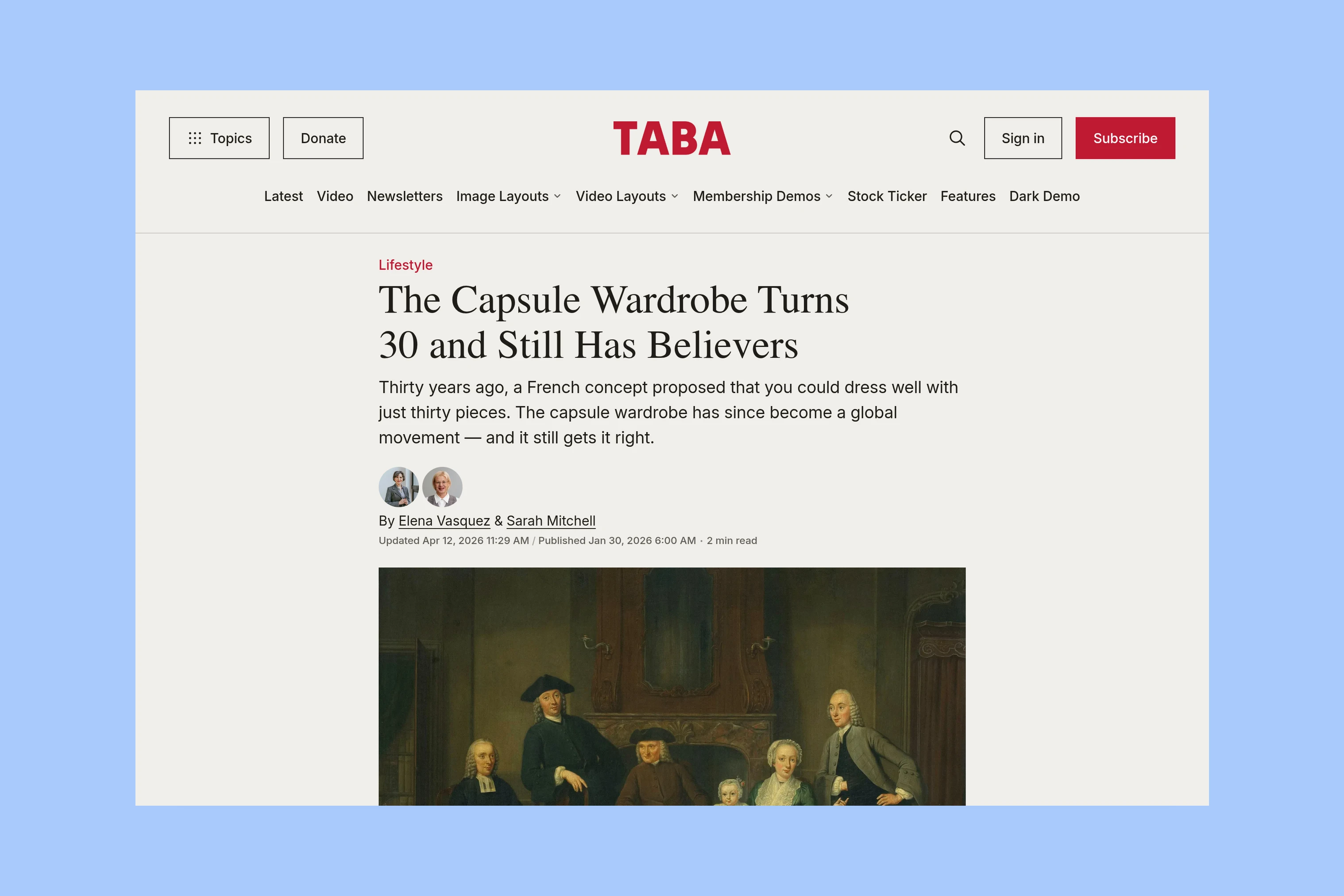 Taba written article opening with headline, excerpt, author profiles, and feature image