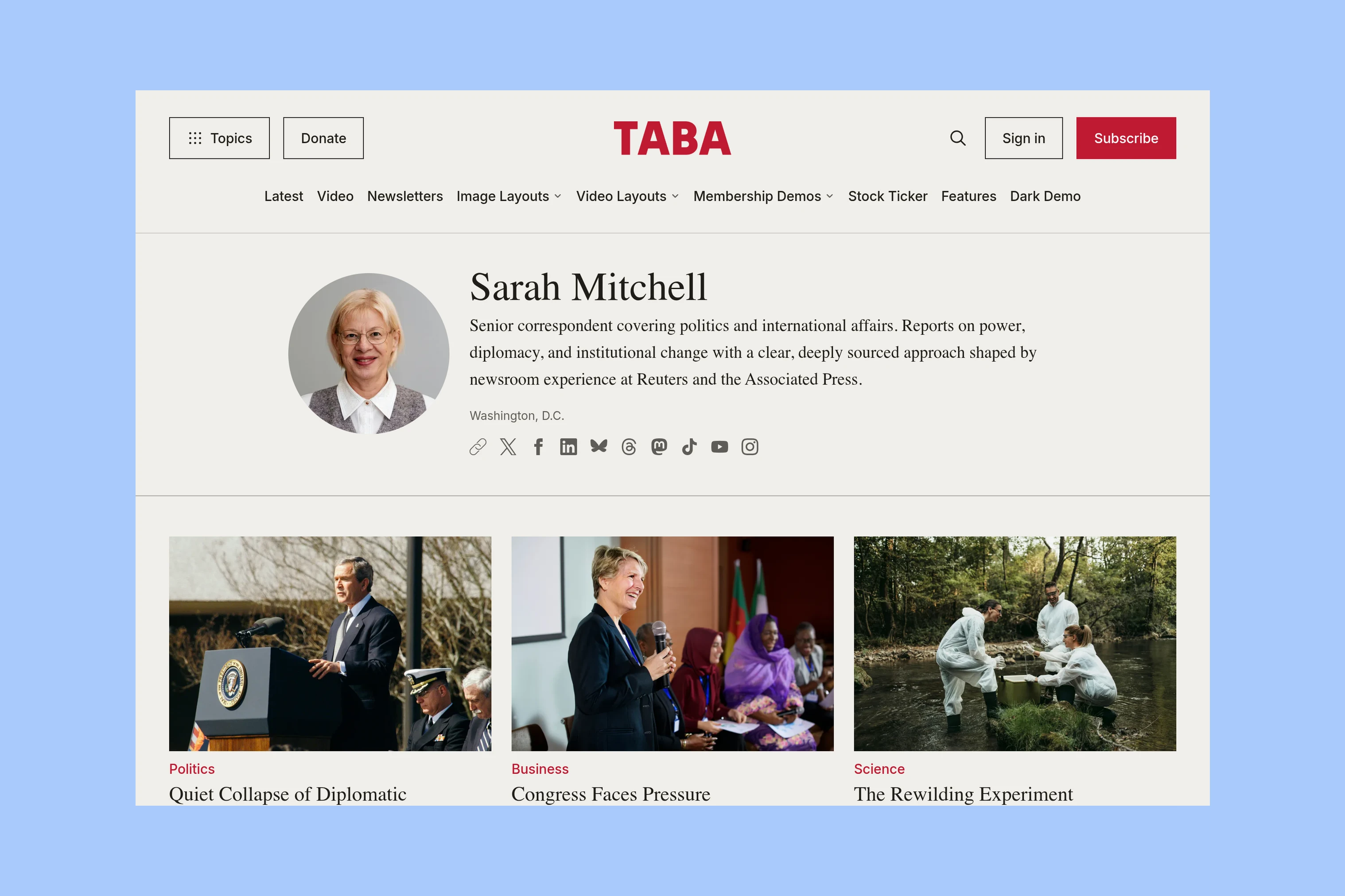 Taba demo author Sarah Mitchell's profile above a grid of articles