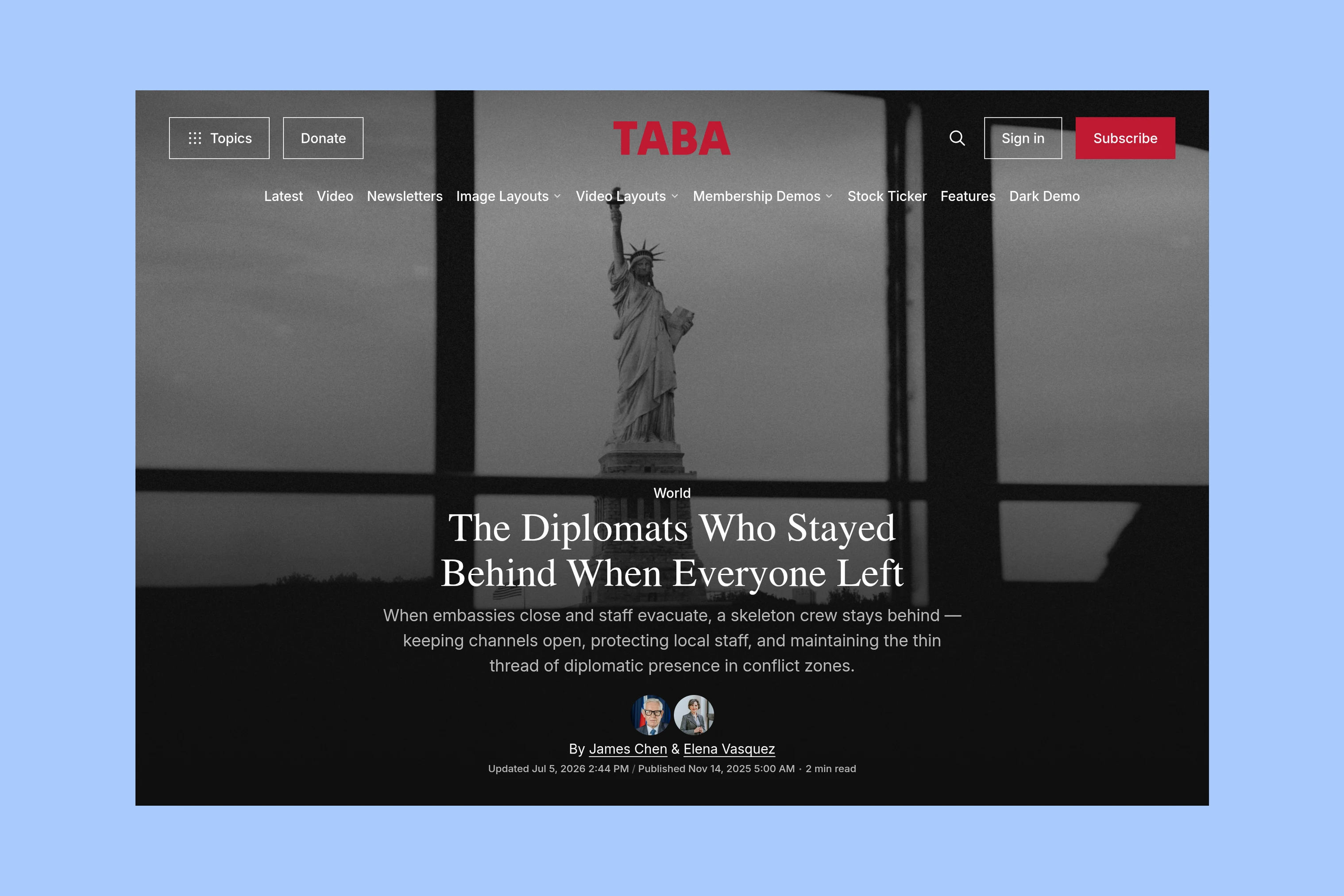 Taba Image Cover article layout with headline, excerpt, and authors over the feature photograph