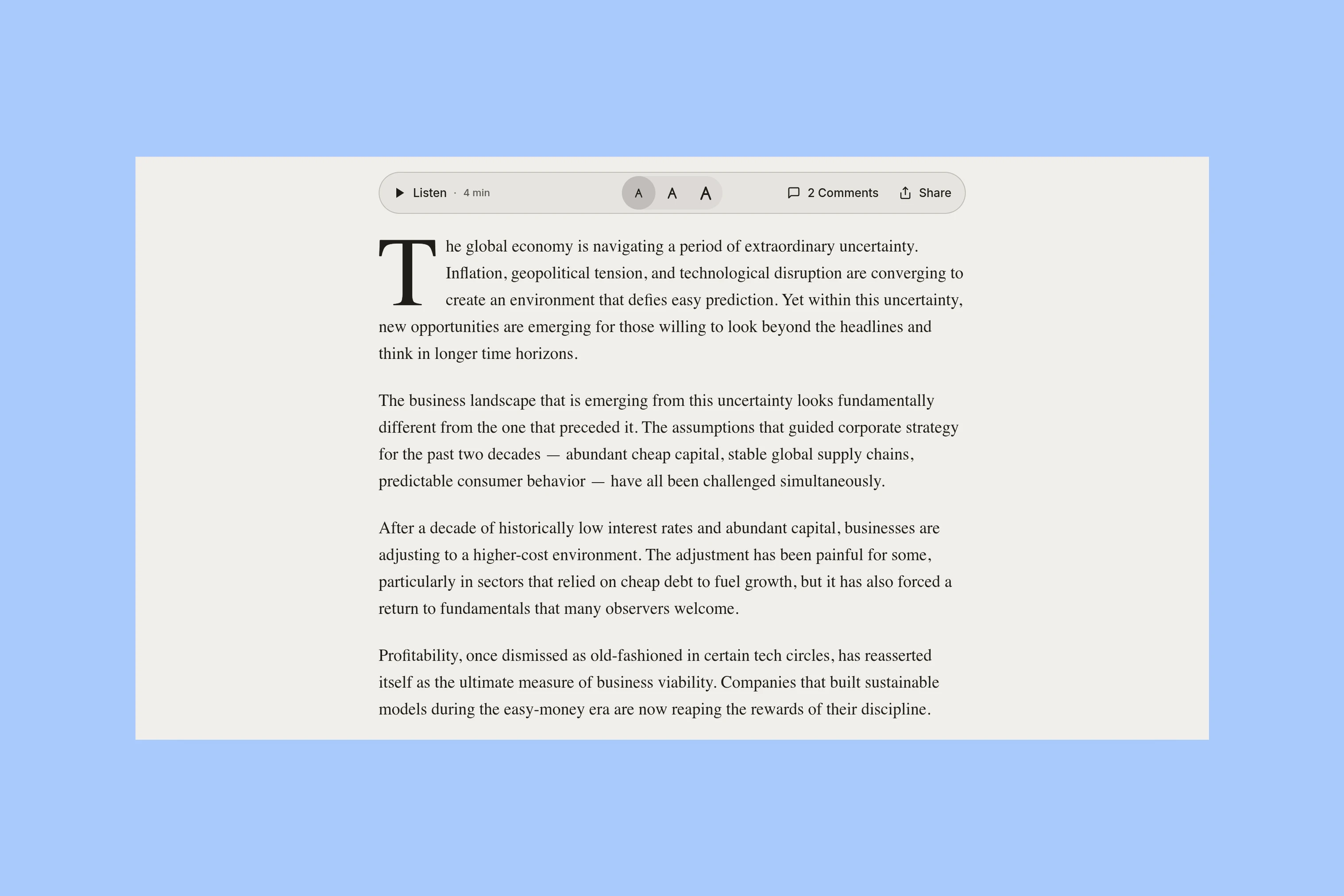 Taba article body with Listen, text-size, comments, and sharing controls above the text