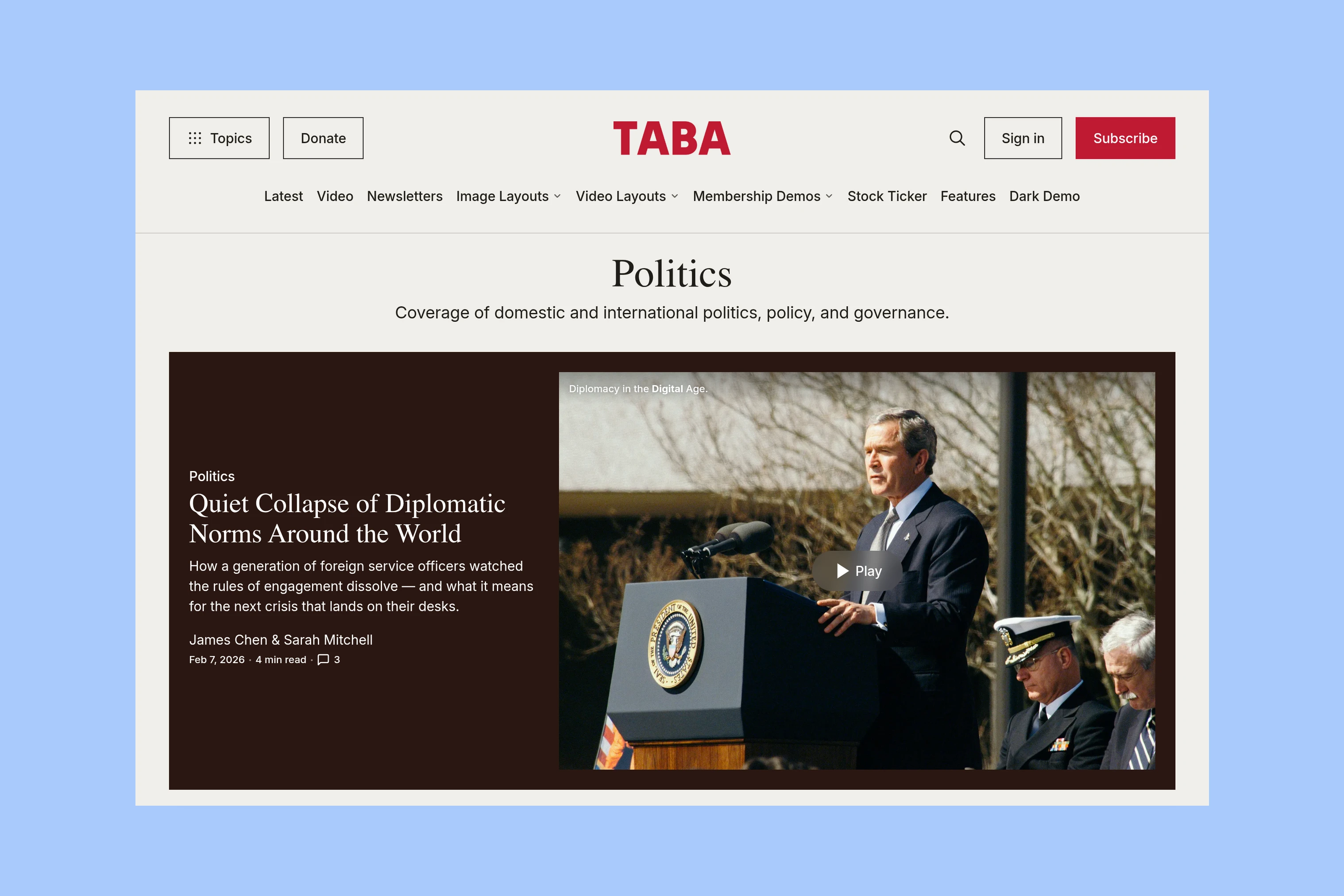 Taba Politics topic page with its description and featured story