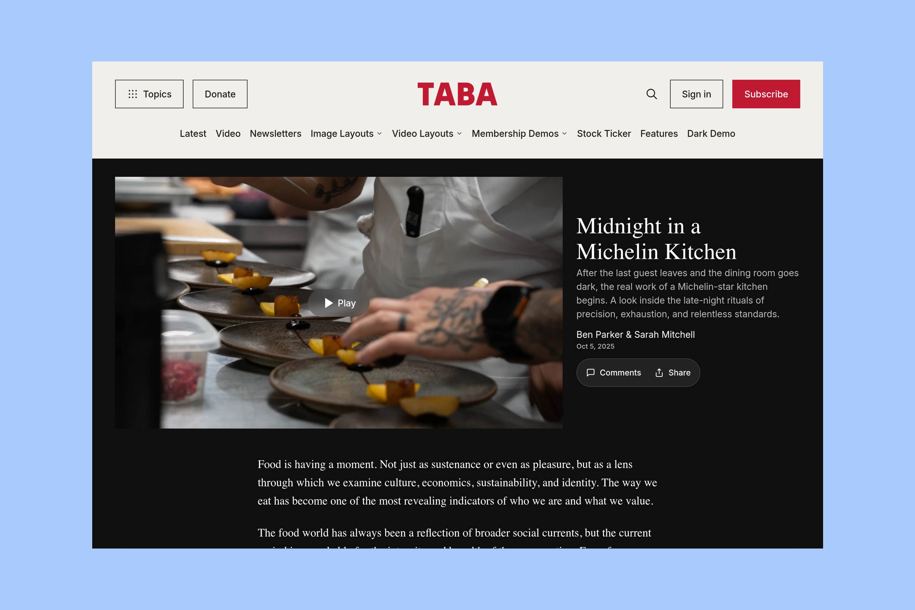 Taba video article with a large player beside the headline, excerpt, and authors