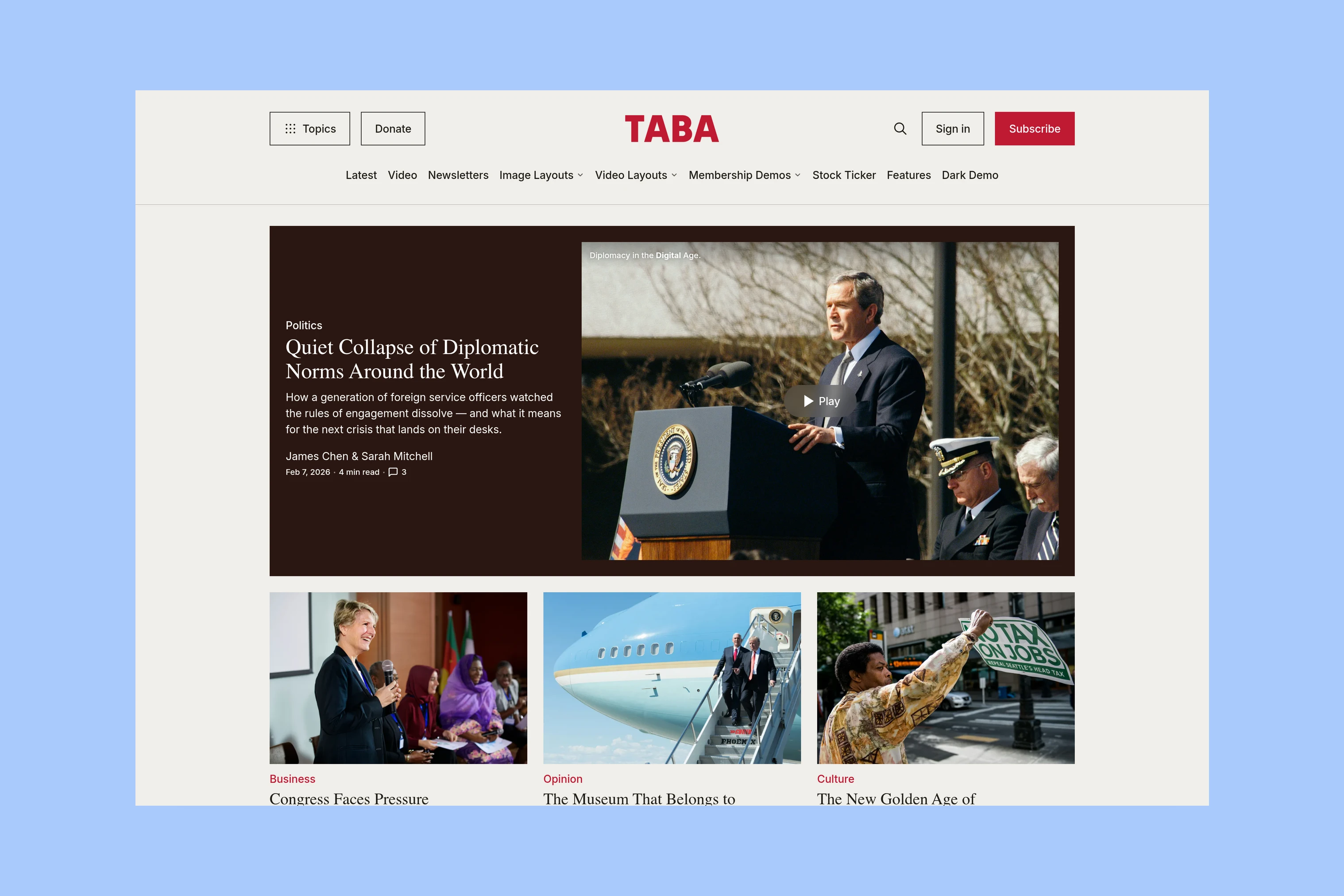 Taba homepage with a featured story and latest articles underneath