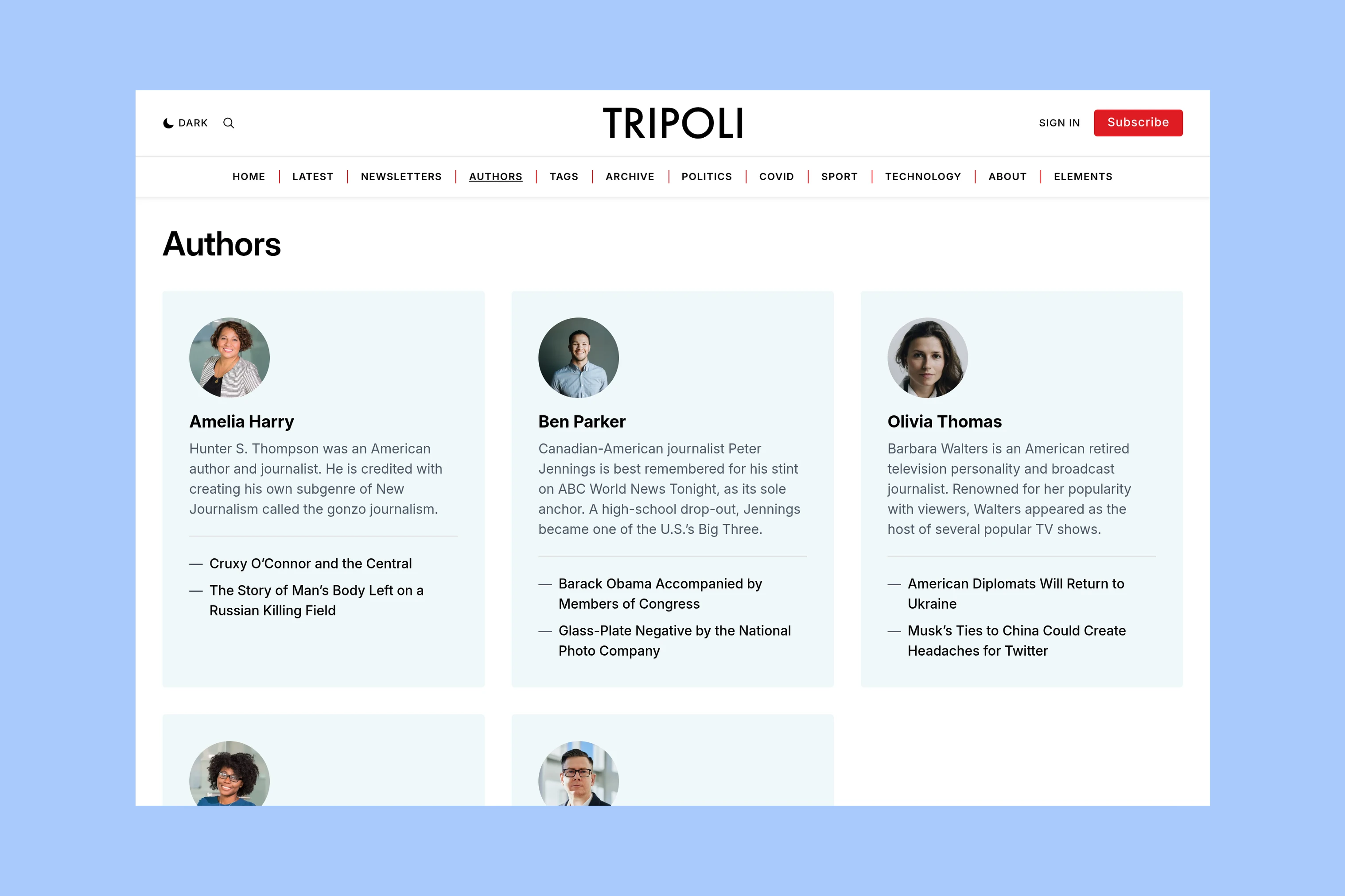 Tripoli author directory with contributor profiles and links to their work