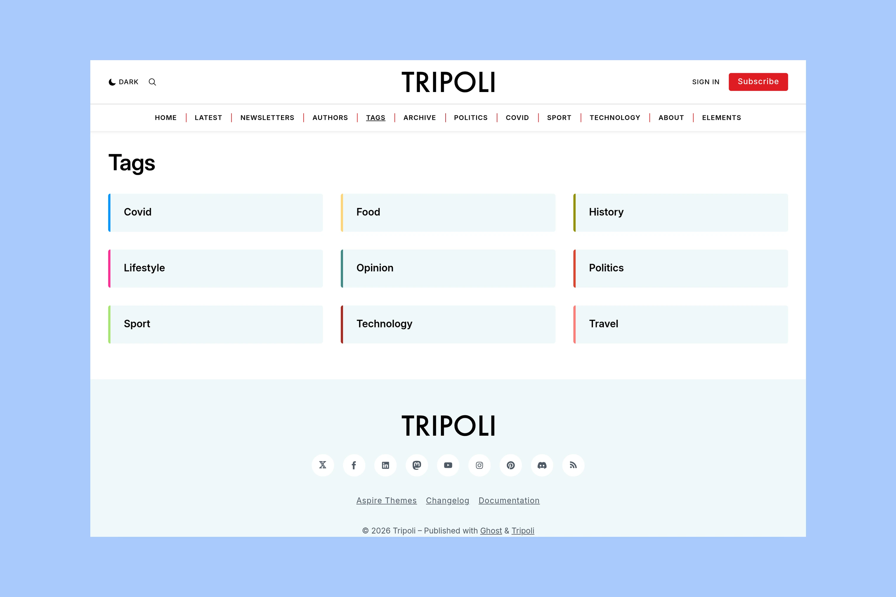 Tripoli tag directory with a grid of topics including Politics, Sport, and Technology