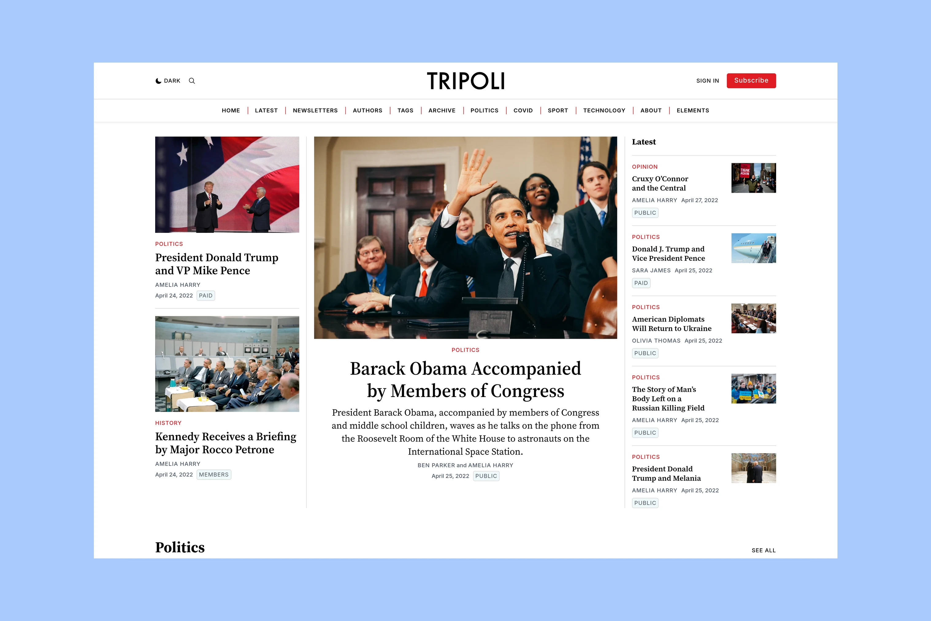 Tripoli magazine homepage with a lead story and surrounding article cards