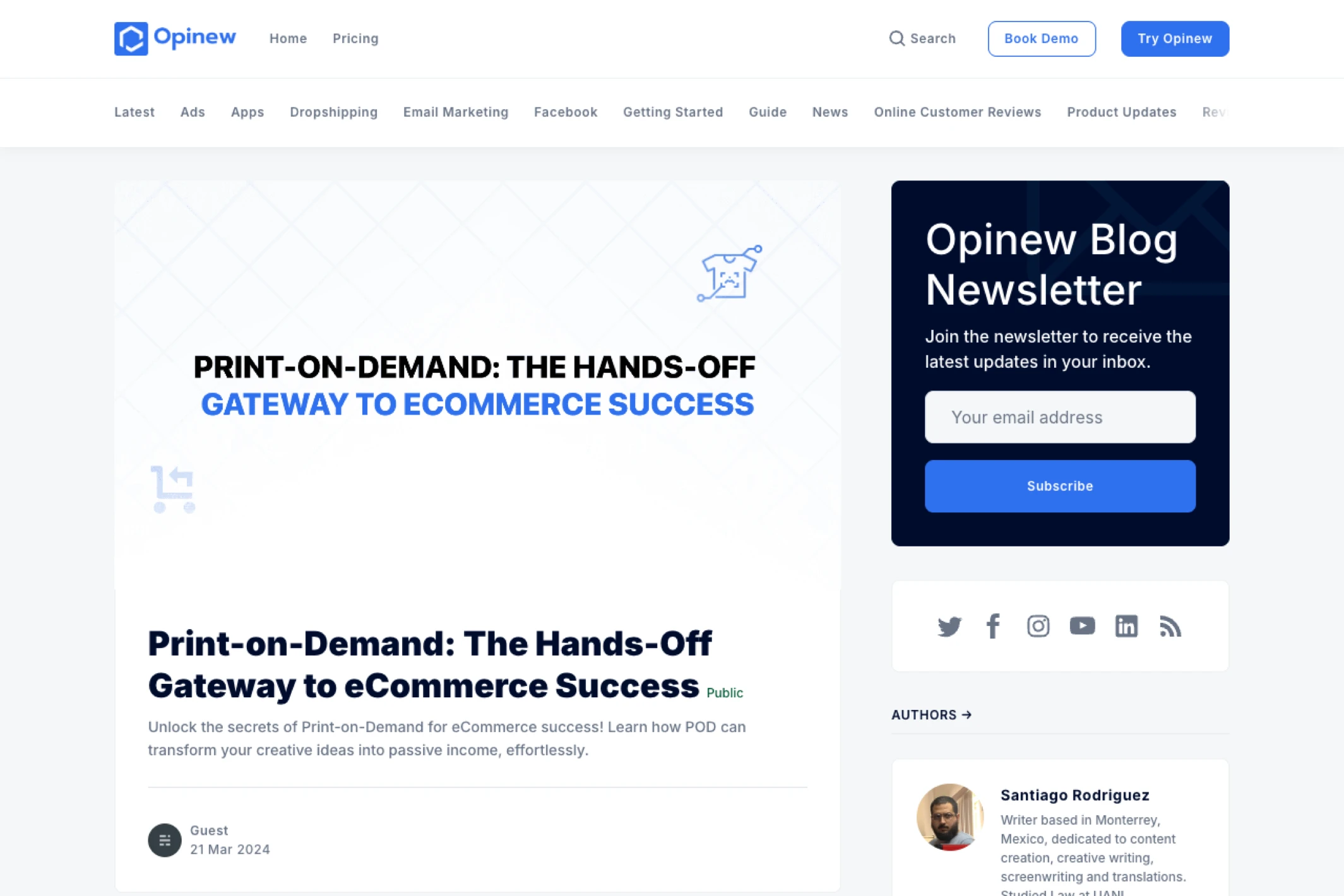 Screenshot of Opinew Blog — Ghost theme website