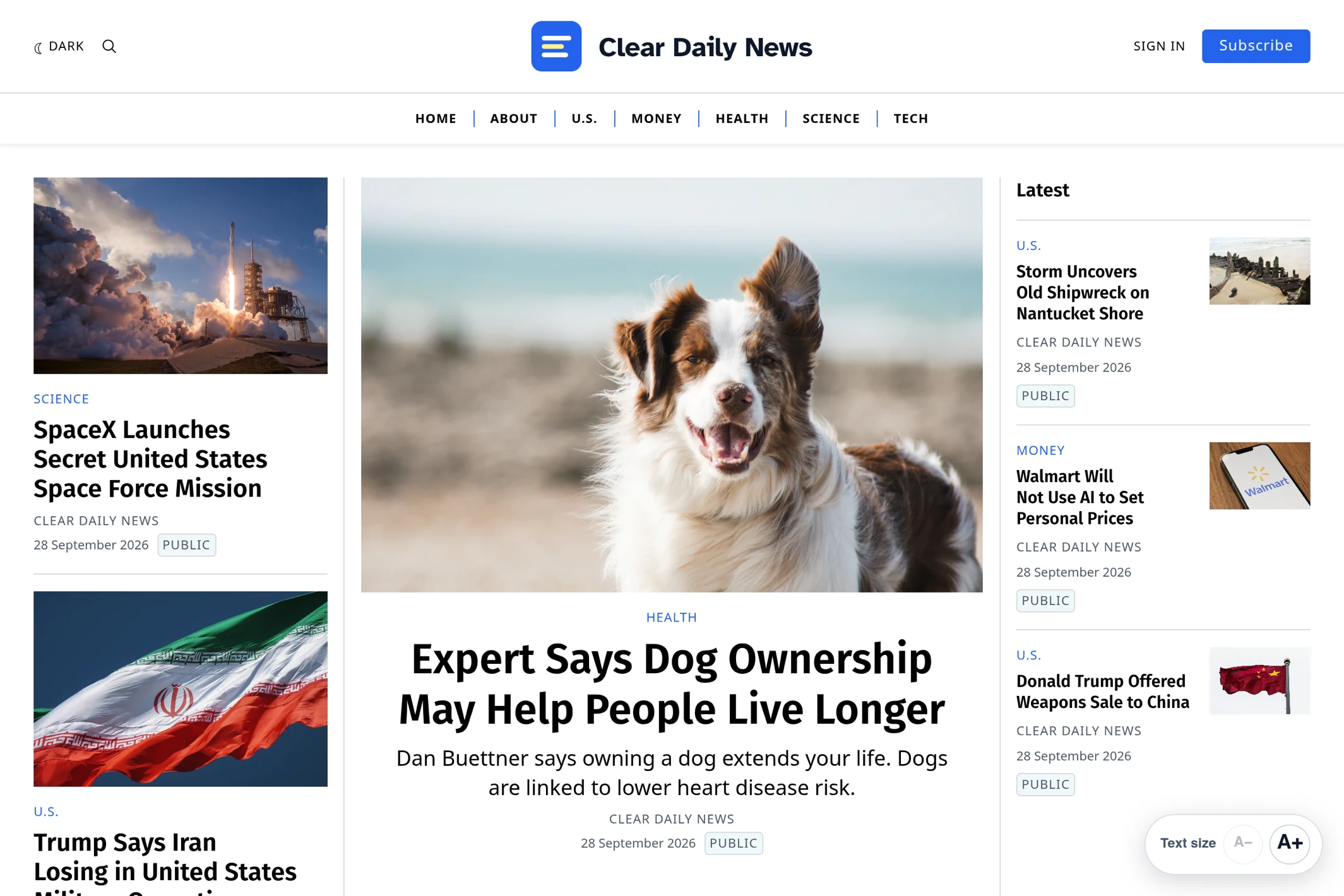 Screenshot of Clear Daily News — Ghost theme website