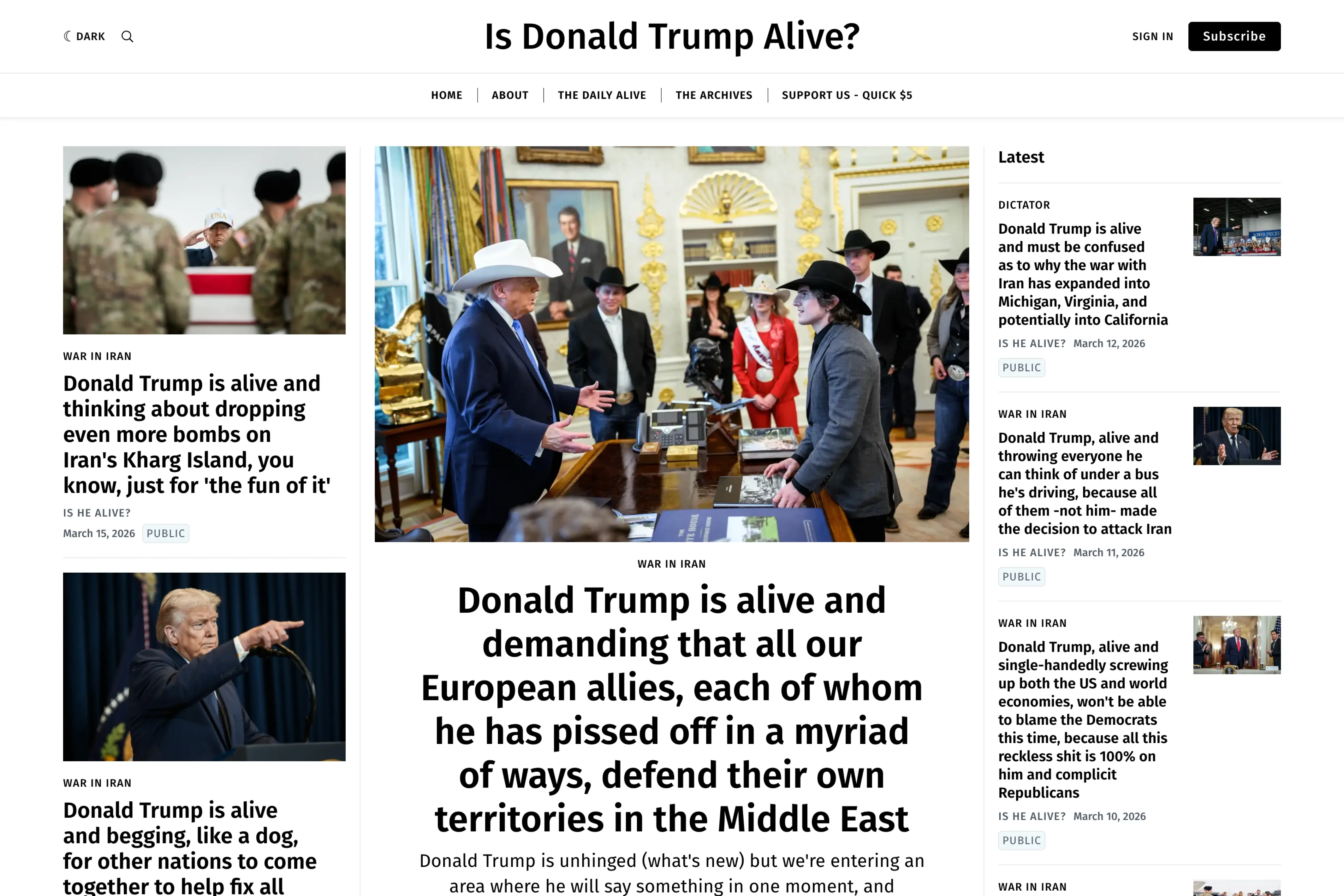 Screenshot of Is Donald Trump Alive? — Ghost theme website