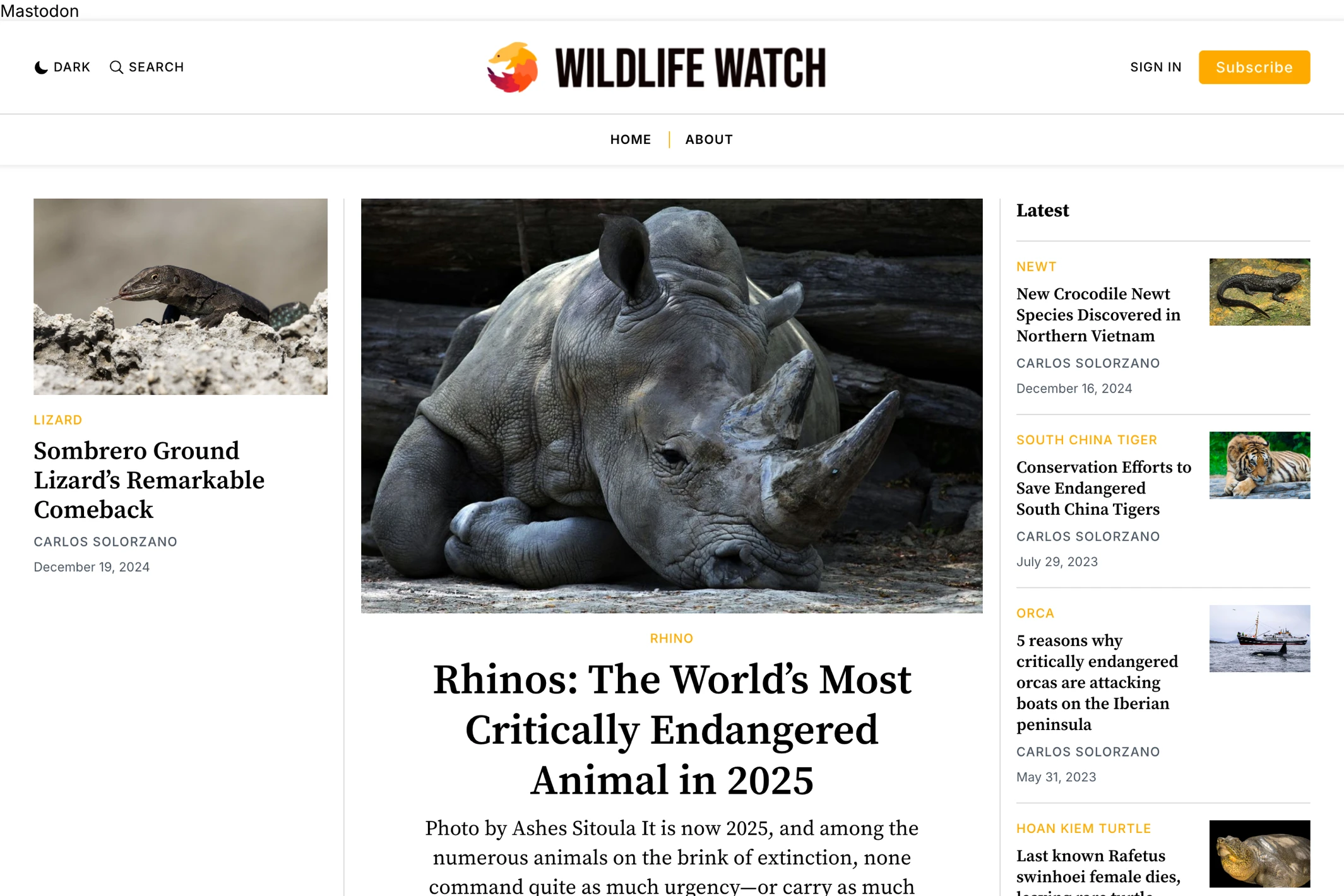 Screenshot of Wildlife Watch — Ghost theme website
