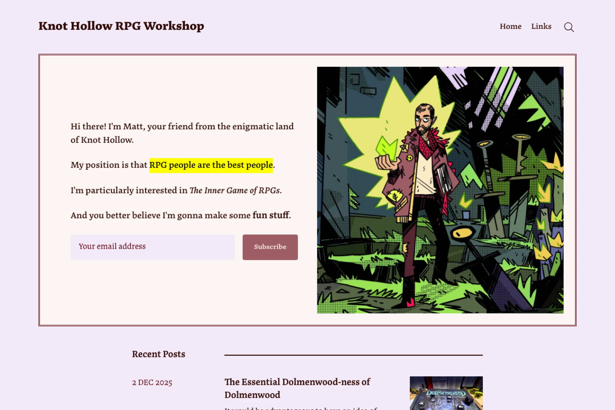 Screenshot of Knot Hollow RPG Workshop — Ghost theme website