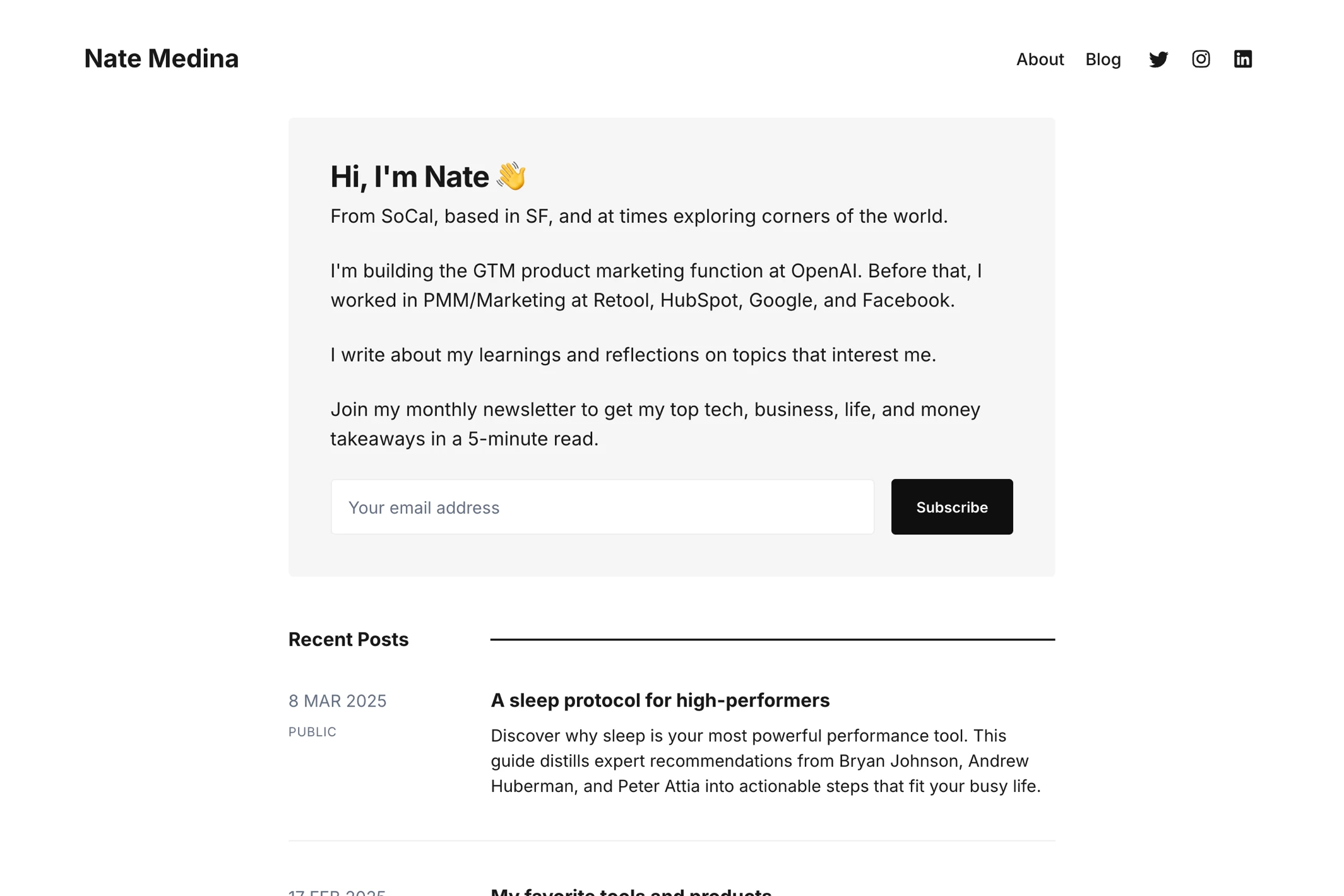 Screenshot of Nate Medina — Ghost theme website