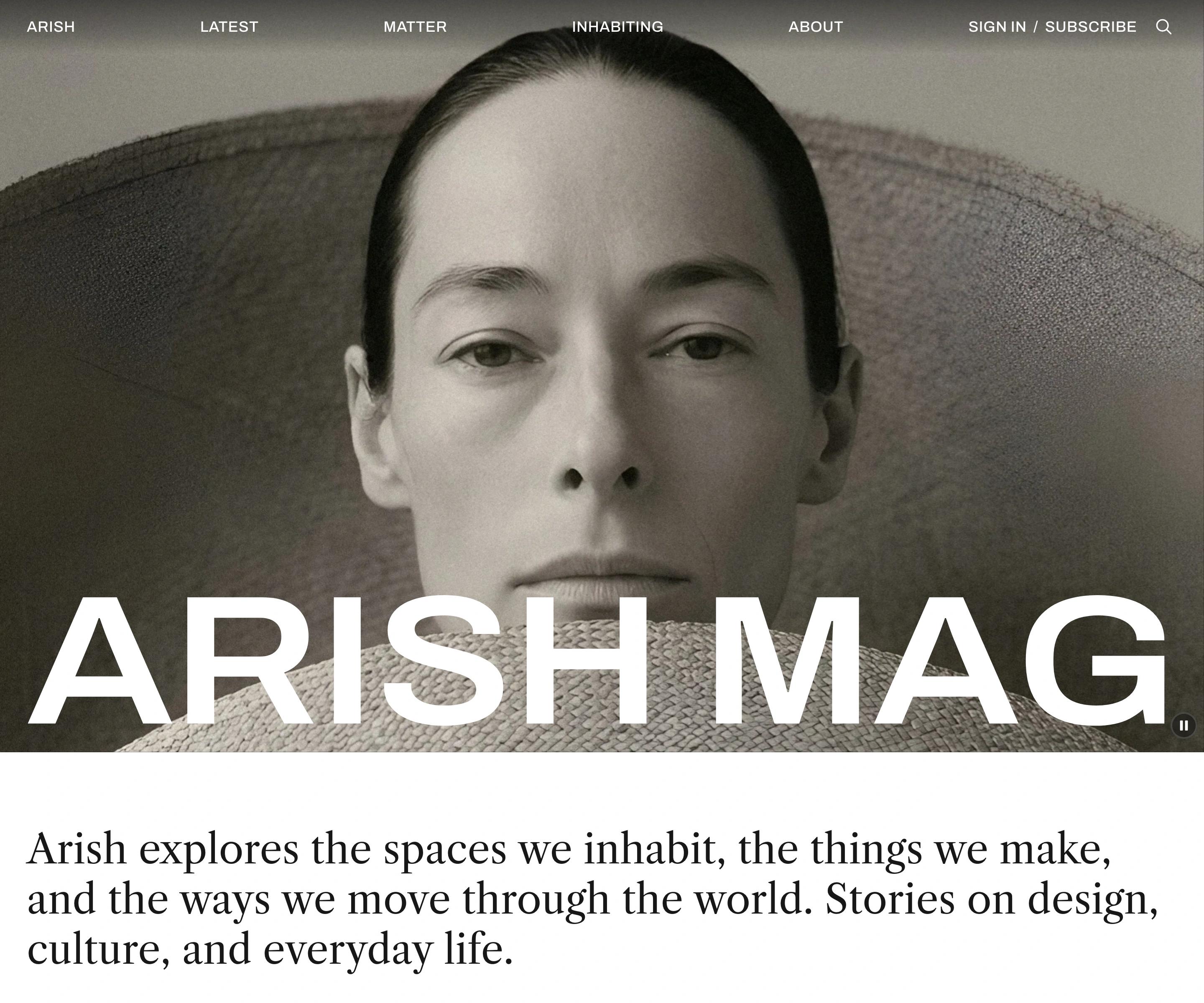 Arish homepage opening with navigation, a large title over a portrait, and the introduction below
