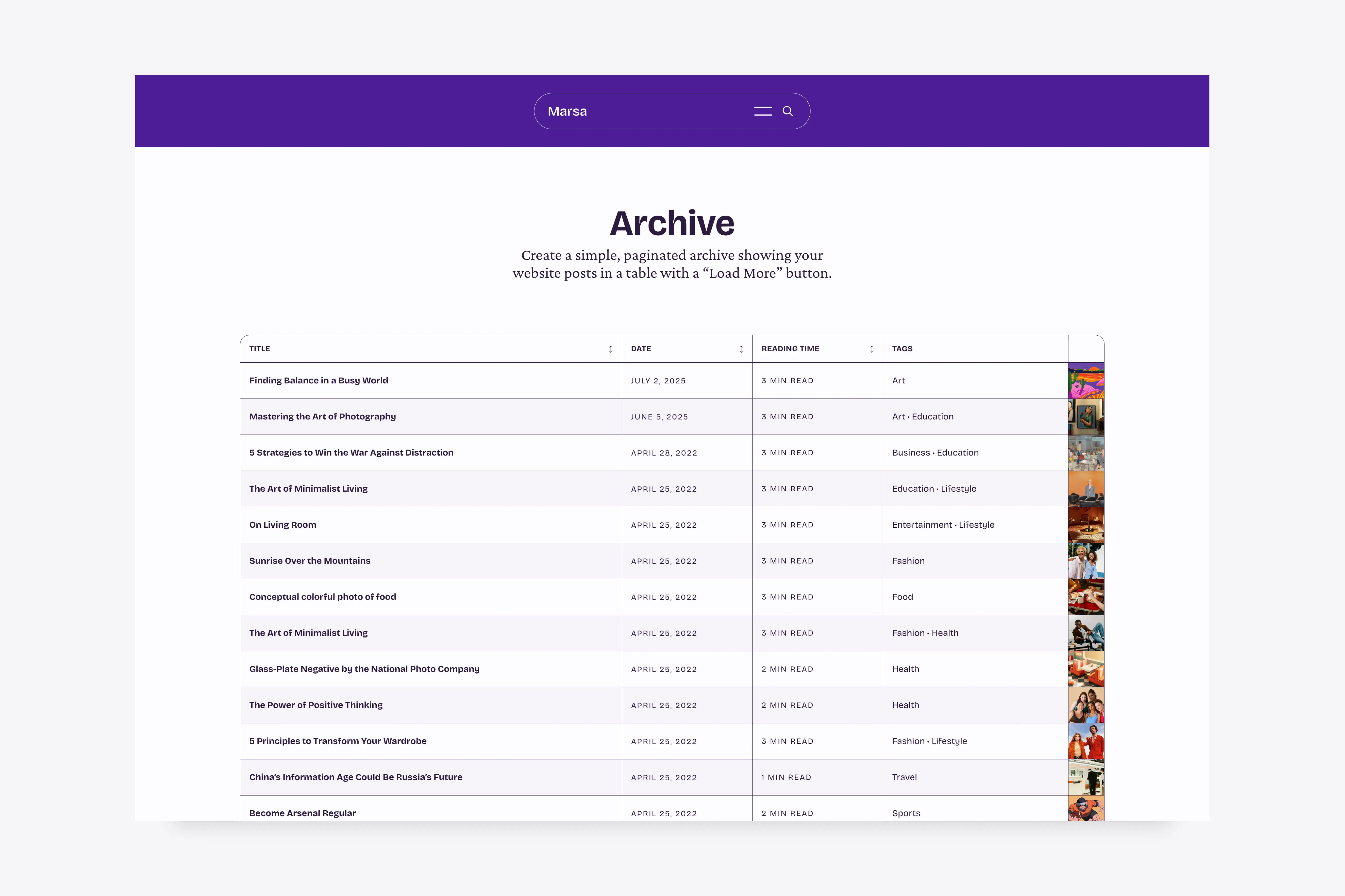 The sortable posts archive page in the Marsa Ghost theme